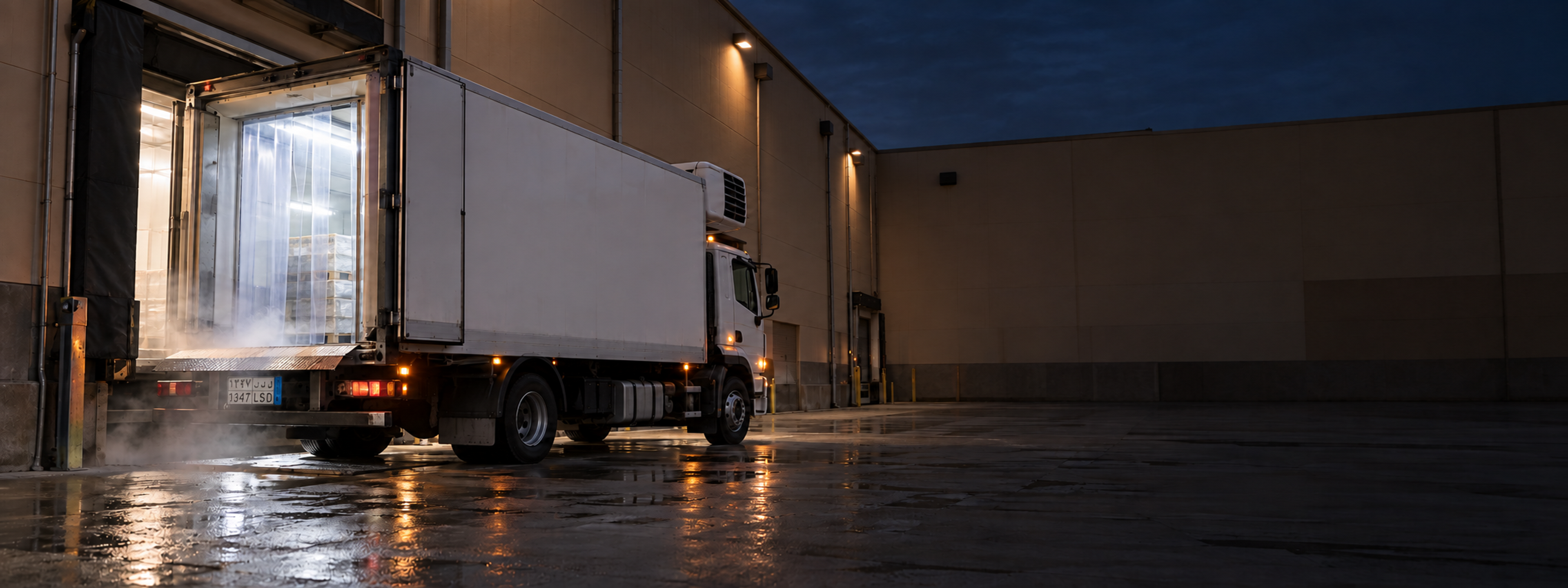 A refrigerated rigid at a distribution dock in early light, doors toward the bay. No visible manufacturer badge and no livery text. Dark and cool enough for a panel to sit over the right third. No text in the artwork. 2400x900.