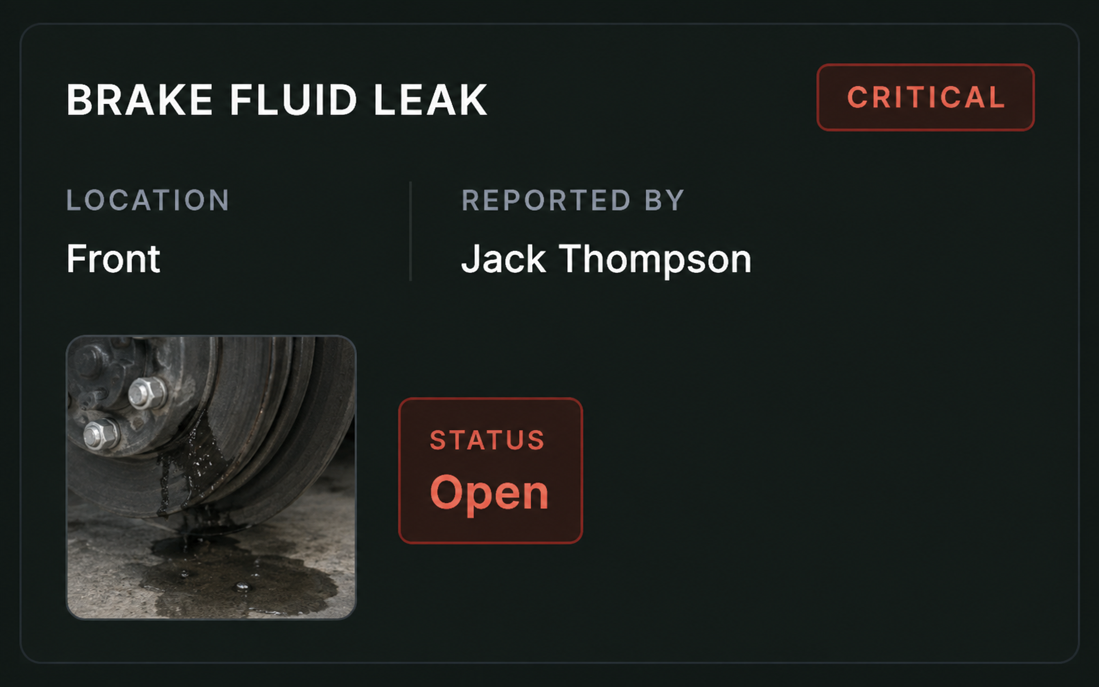 Drive360 defect card: brake fluid leak, severity critical, location front, reported by the driver, with a photo