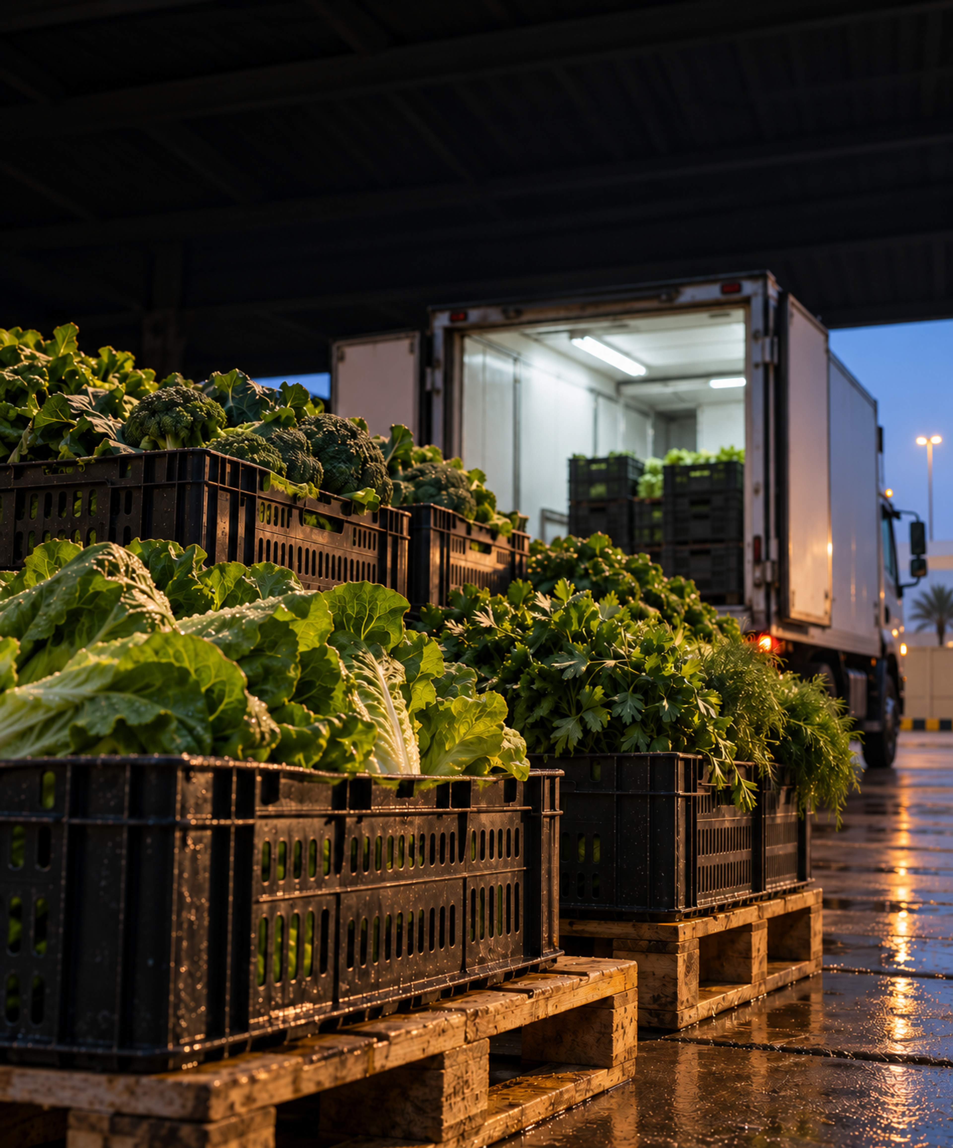 Photograph: a produce dock at dawn with crates. Dark and cool, room at the top, no text in the artwork.
