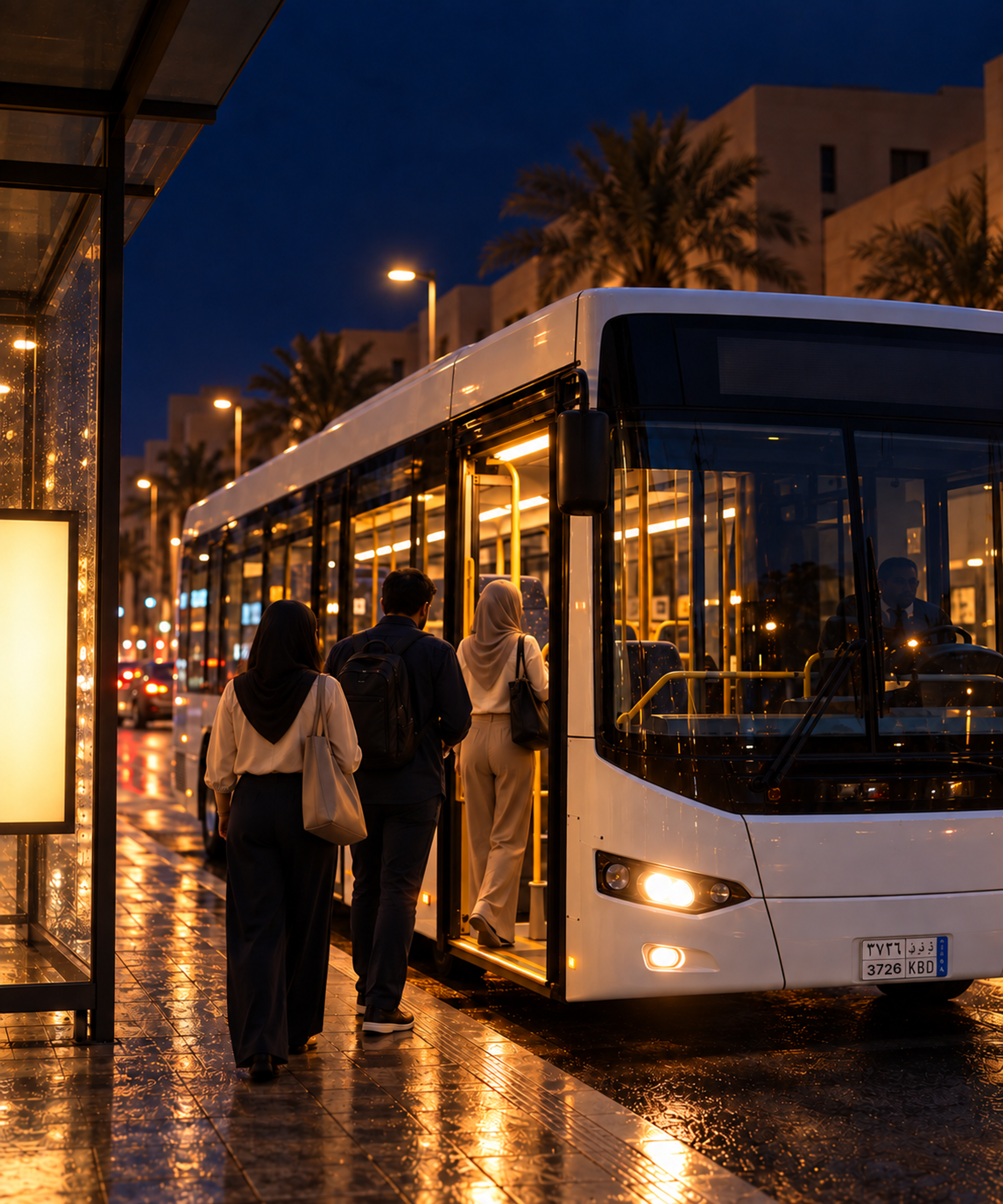 Photograph: a city bus at a stop at dusk, passengers boarding. Dark and cool, room at the top, no text in the artwork.