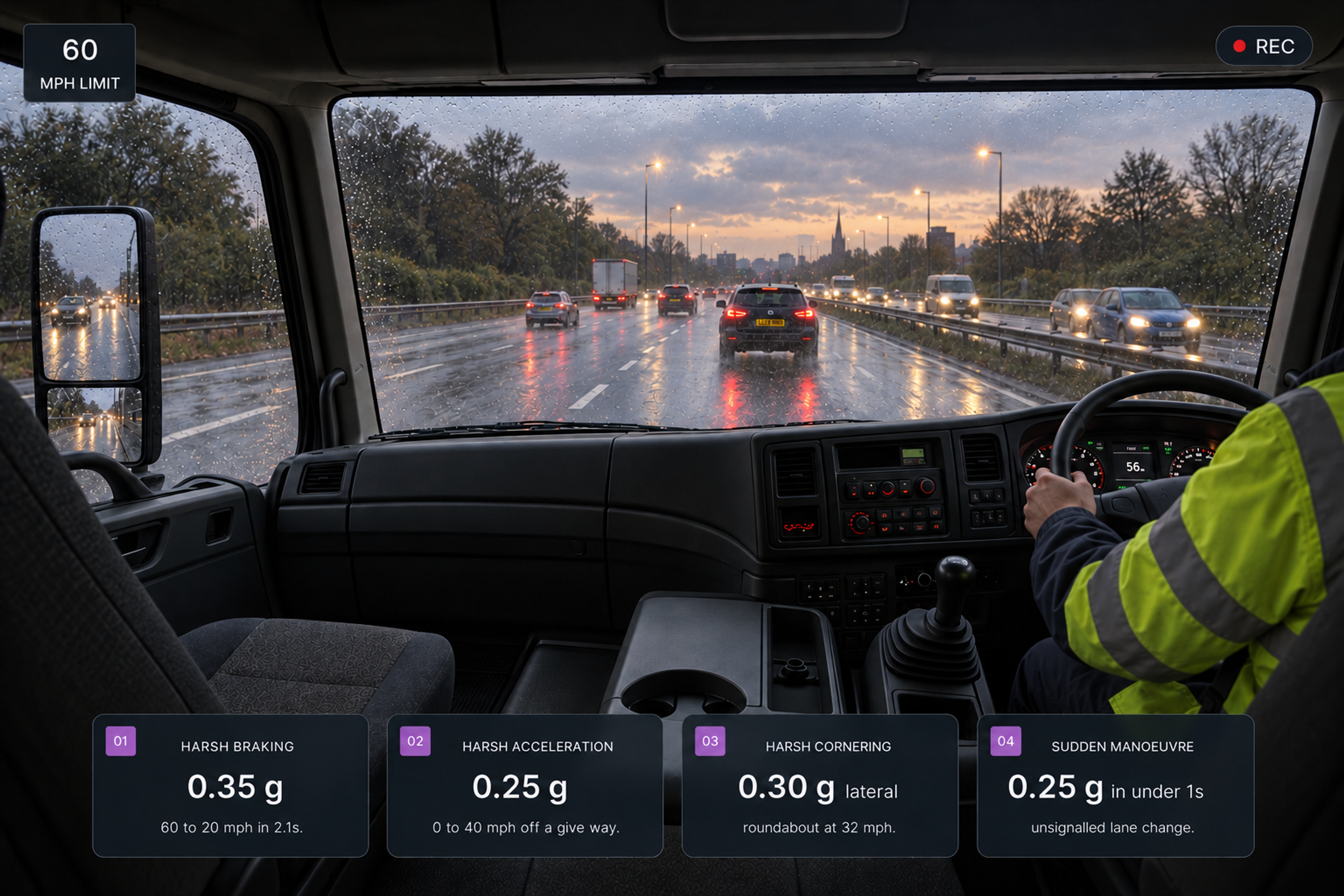 The four harsh-event types as labelled cards with their threshold examples, over a road-facing still of a wet motorway. 4:3, dark UI.
