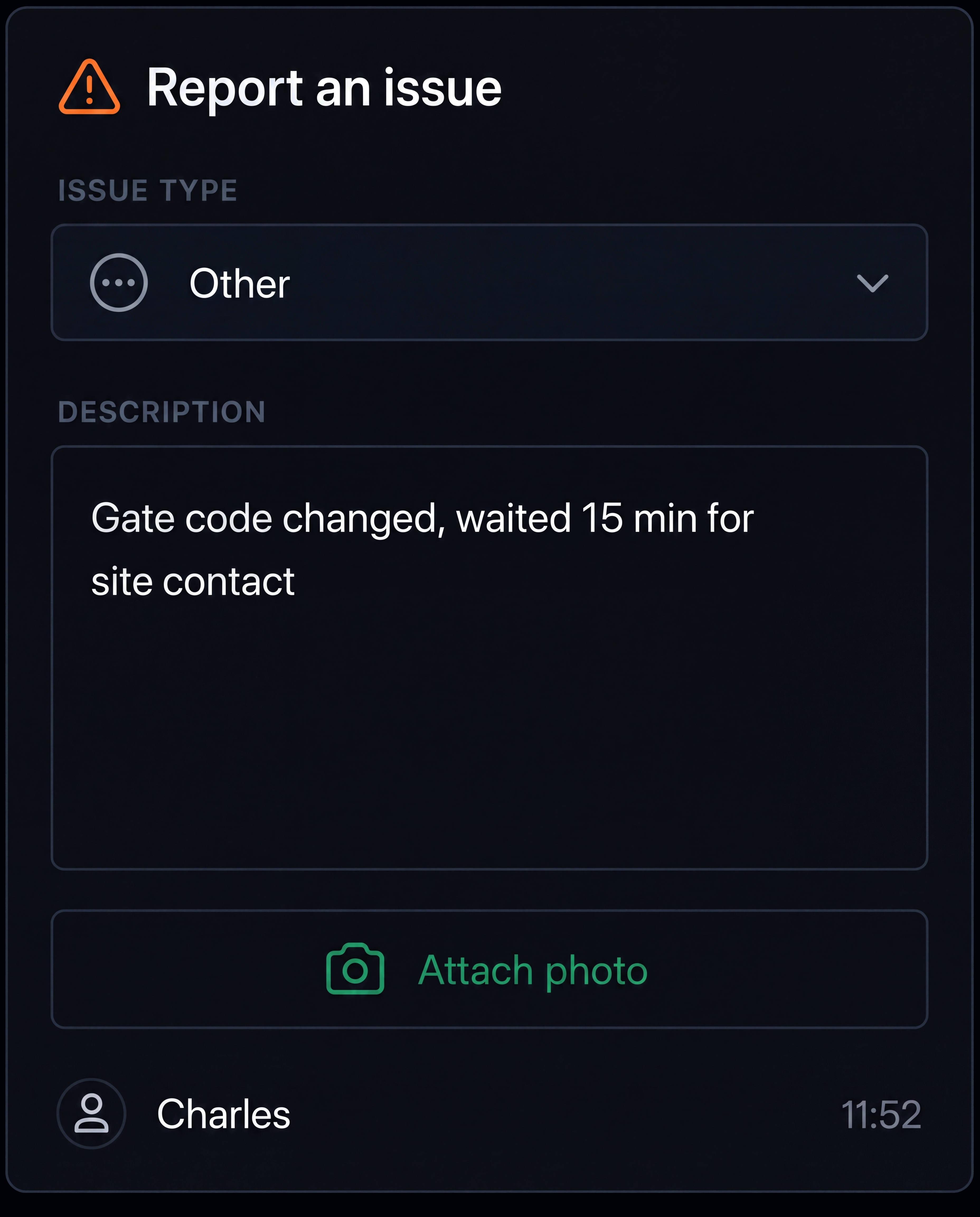 Other issue capture with a free-text note. 4:3.