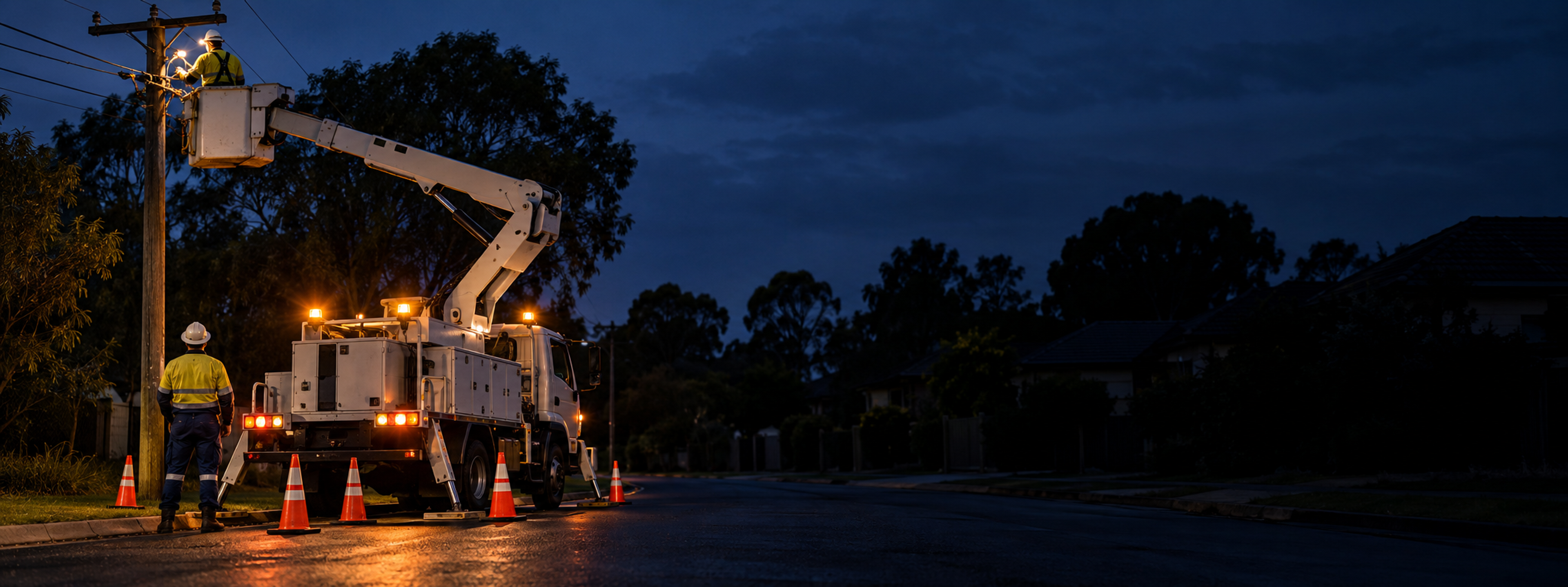 An elevated work platform truck at a utility pole in a suburban street, technician in the basket and a second on the ground. No visible manufacturer badges. Dark and cool enough for a panel to sit over the right third. No text in the artwork. 2400x900.