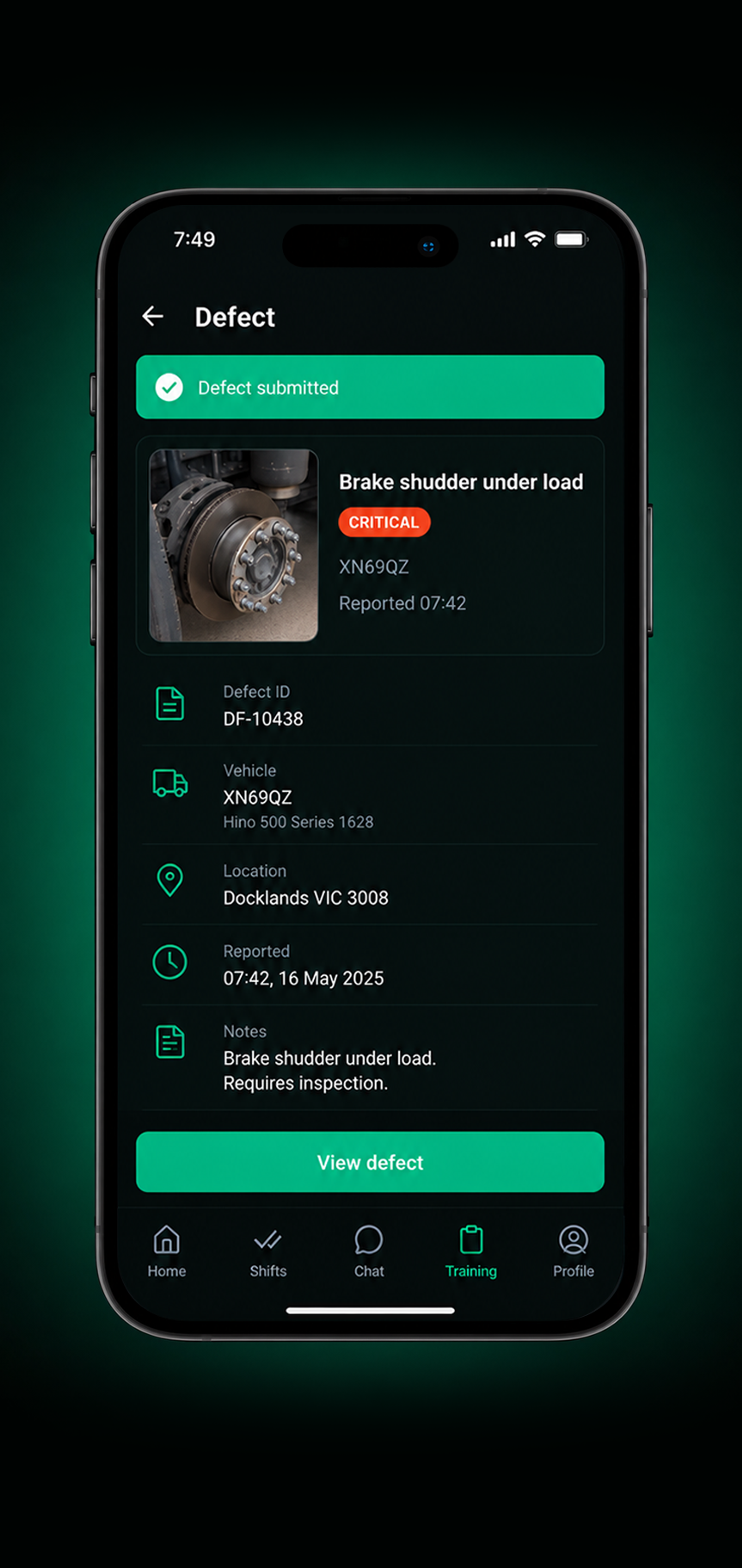 Drive360 app: defect reported with severity and photo