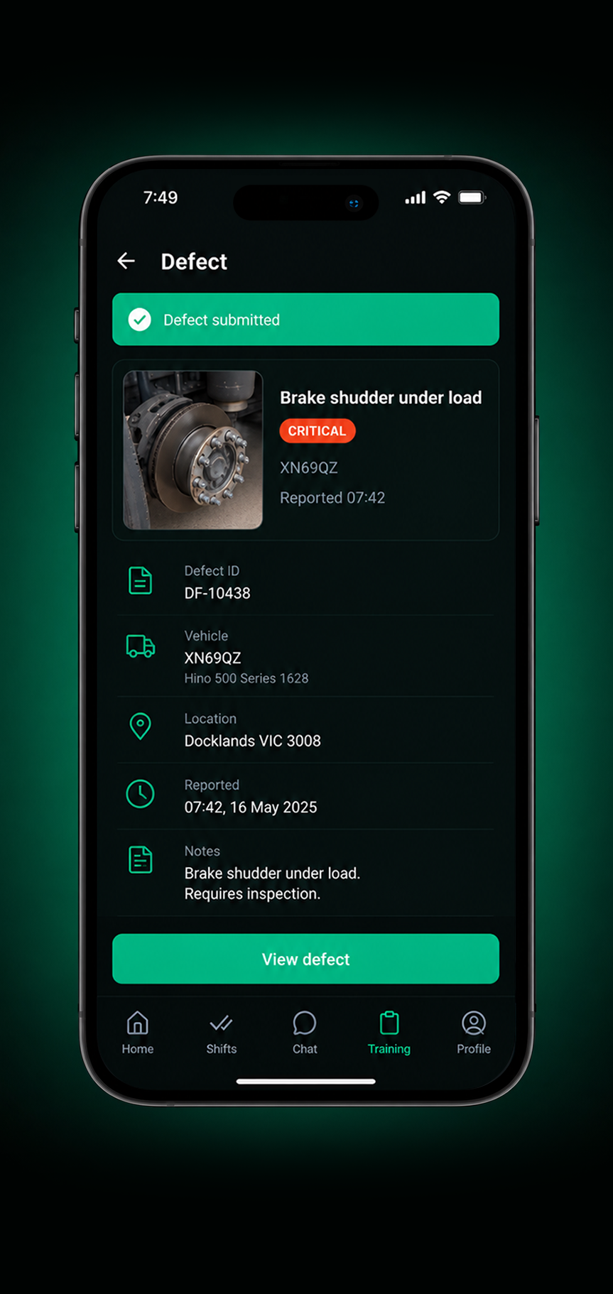 Drive360 app: defect reported with severity and photo