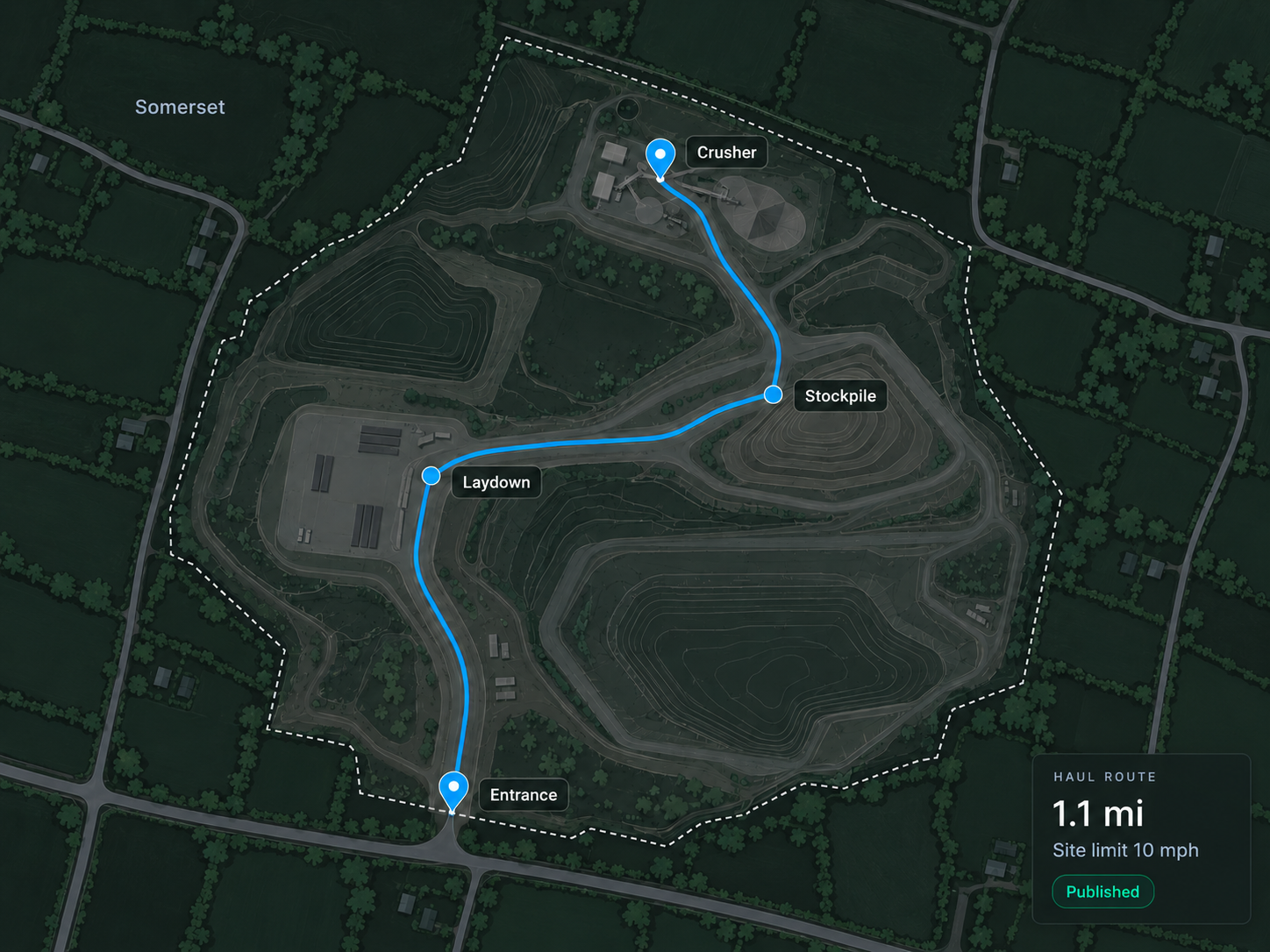 Route360 site planning: an internal haul route across a site with entrance, stockpile, crusher and laydown marked.