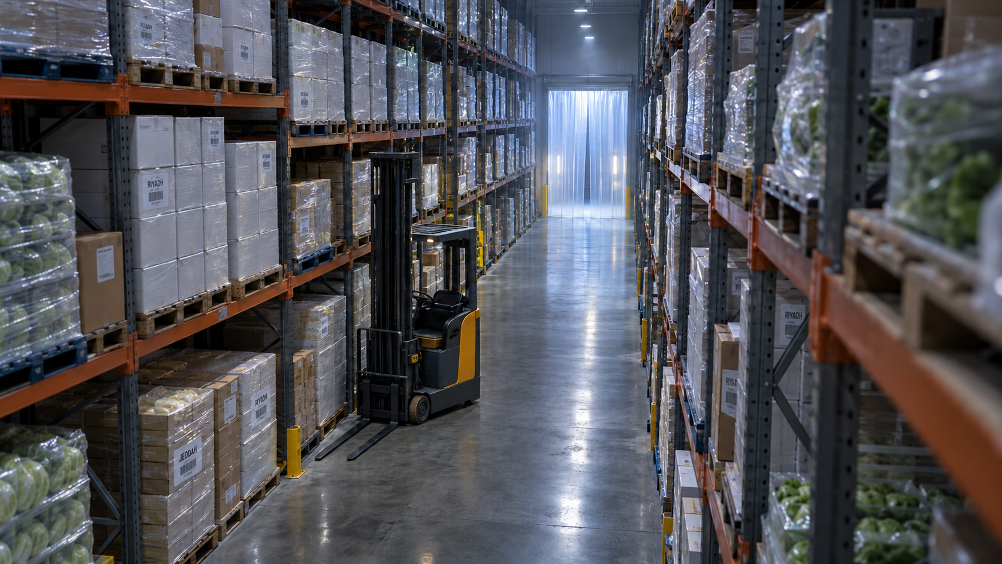 Editorial image: a chilled distribution centre interior. No text in the artwork.