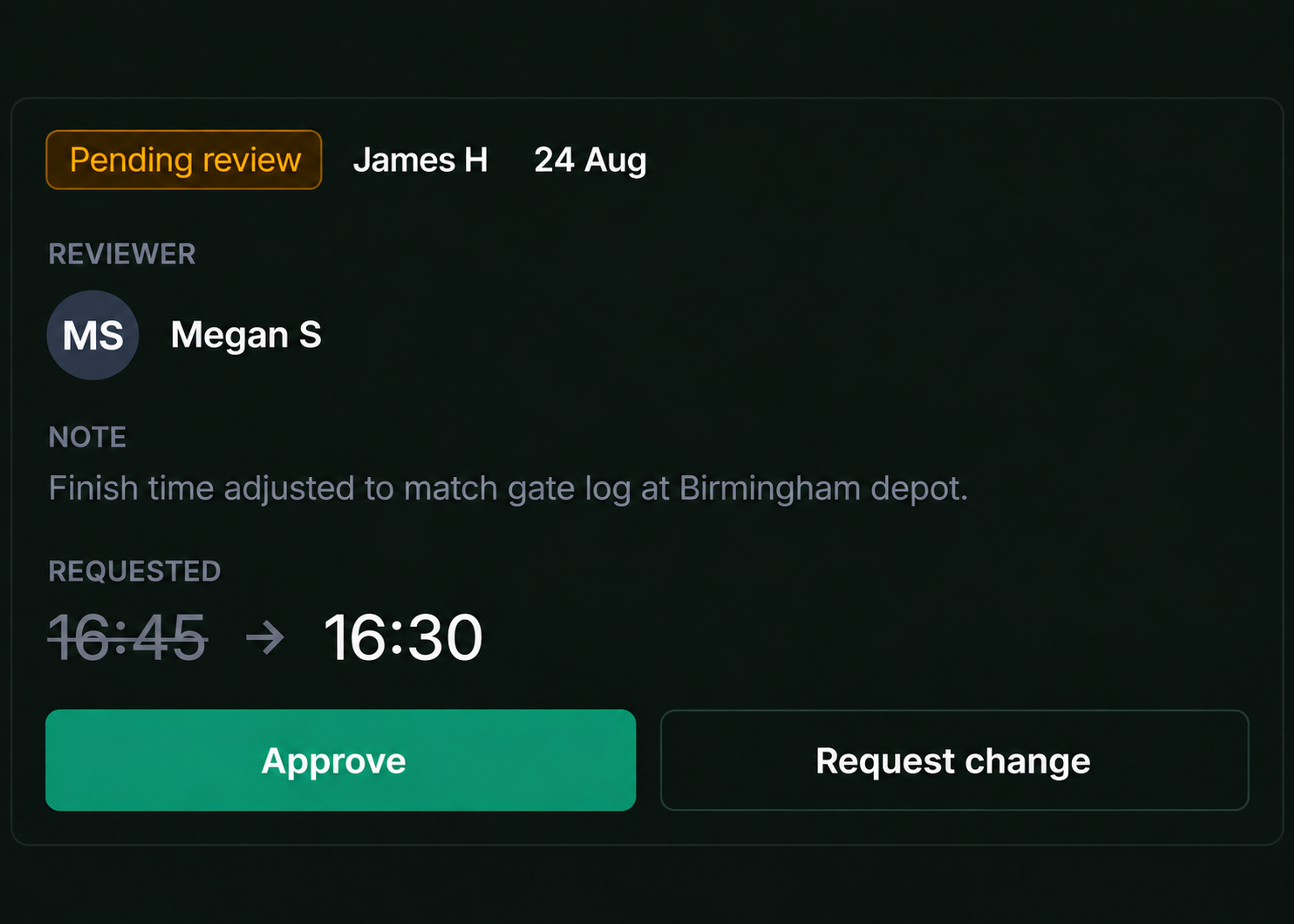 Drive360 approval panel: status, reviewer, notes and requested time