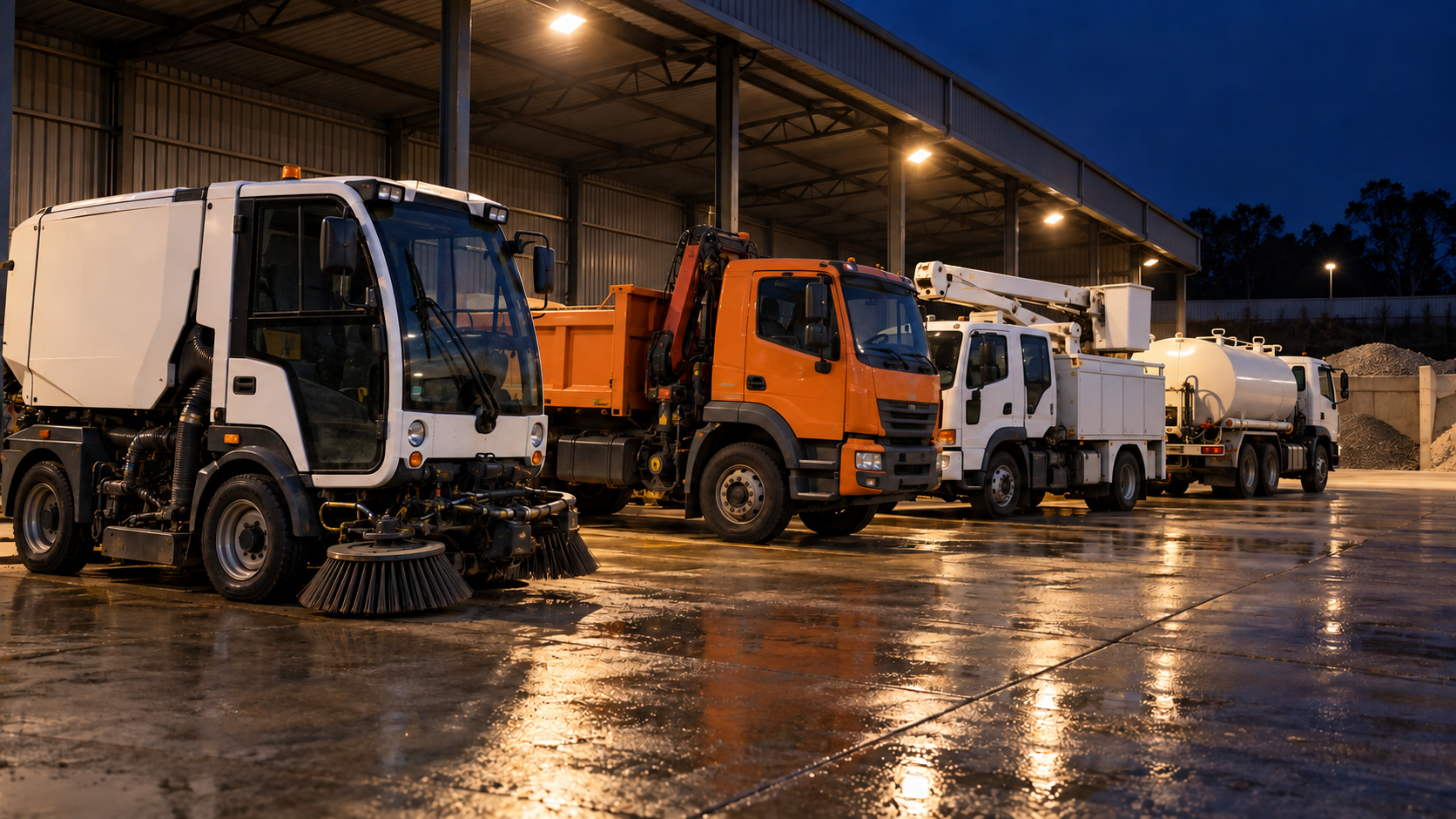 Editorial image: a depot yard at night with specialist vehicles. No text in the artwork.