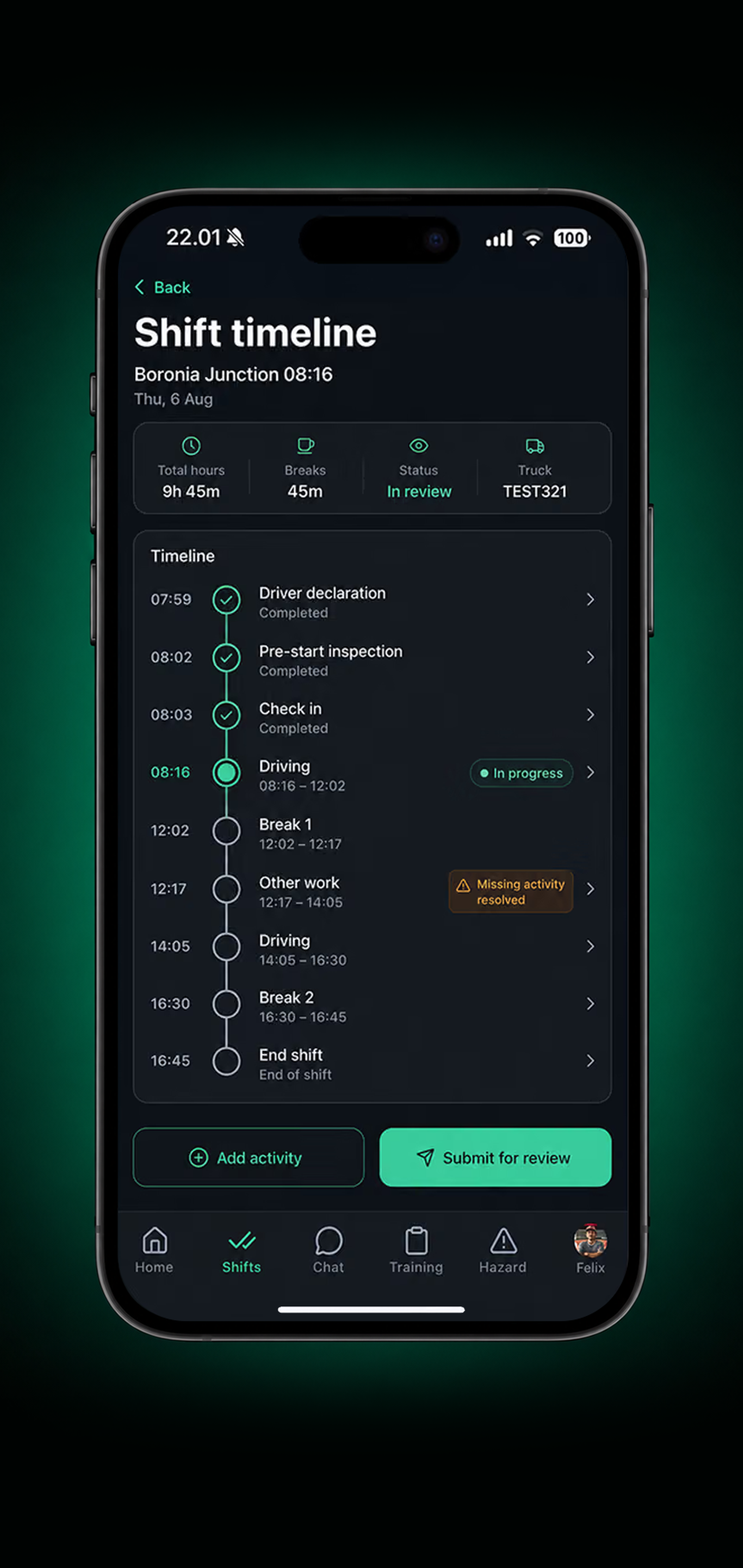 Drive360 app: timesheet for a day with shift start, driving, breaks, on duty and shift end
