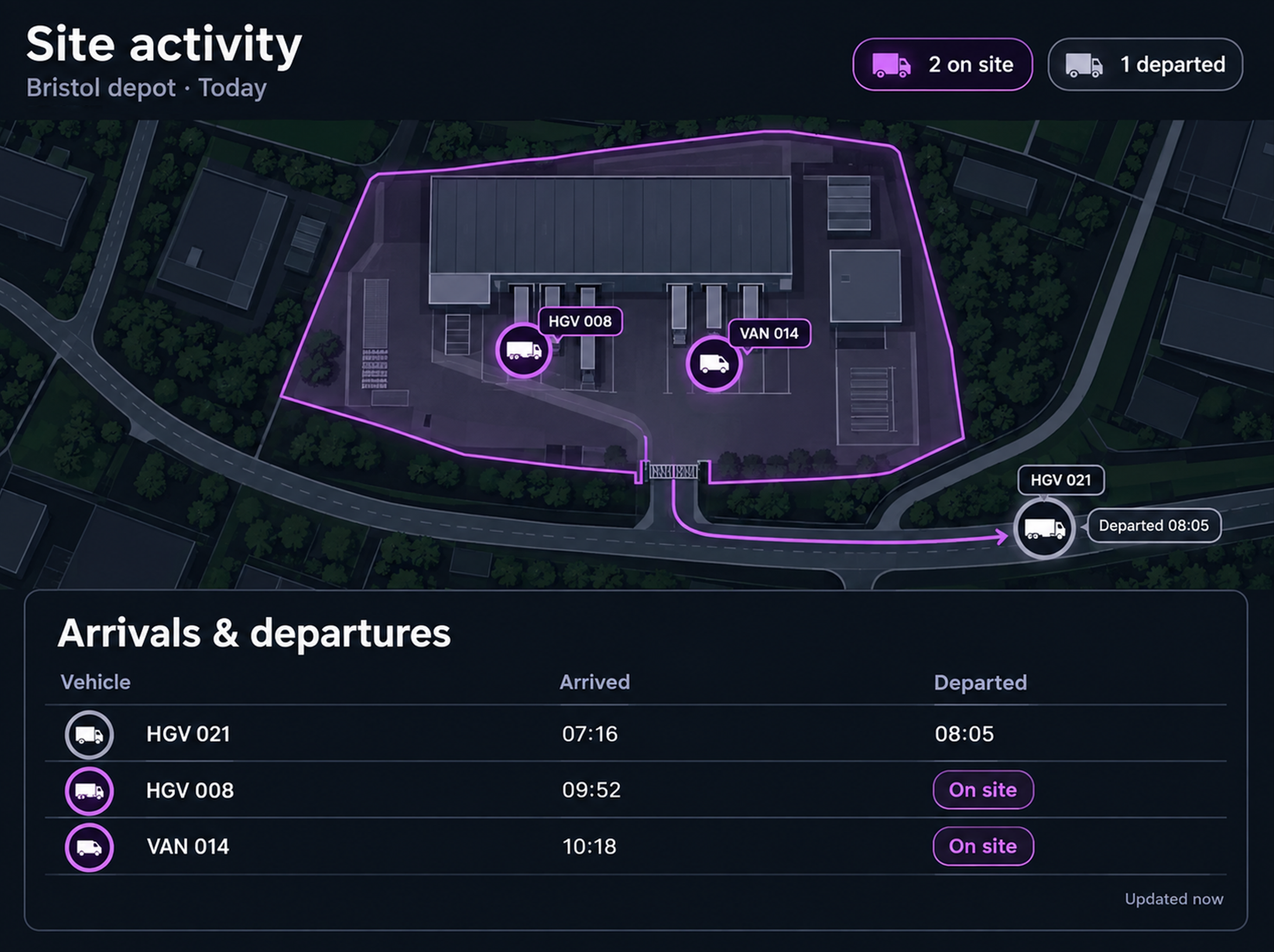 Product console: geofence detail for a depot, arrivals and departures listed with times. Portrait 3:4, dark UI, no text small enough to read.