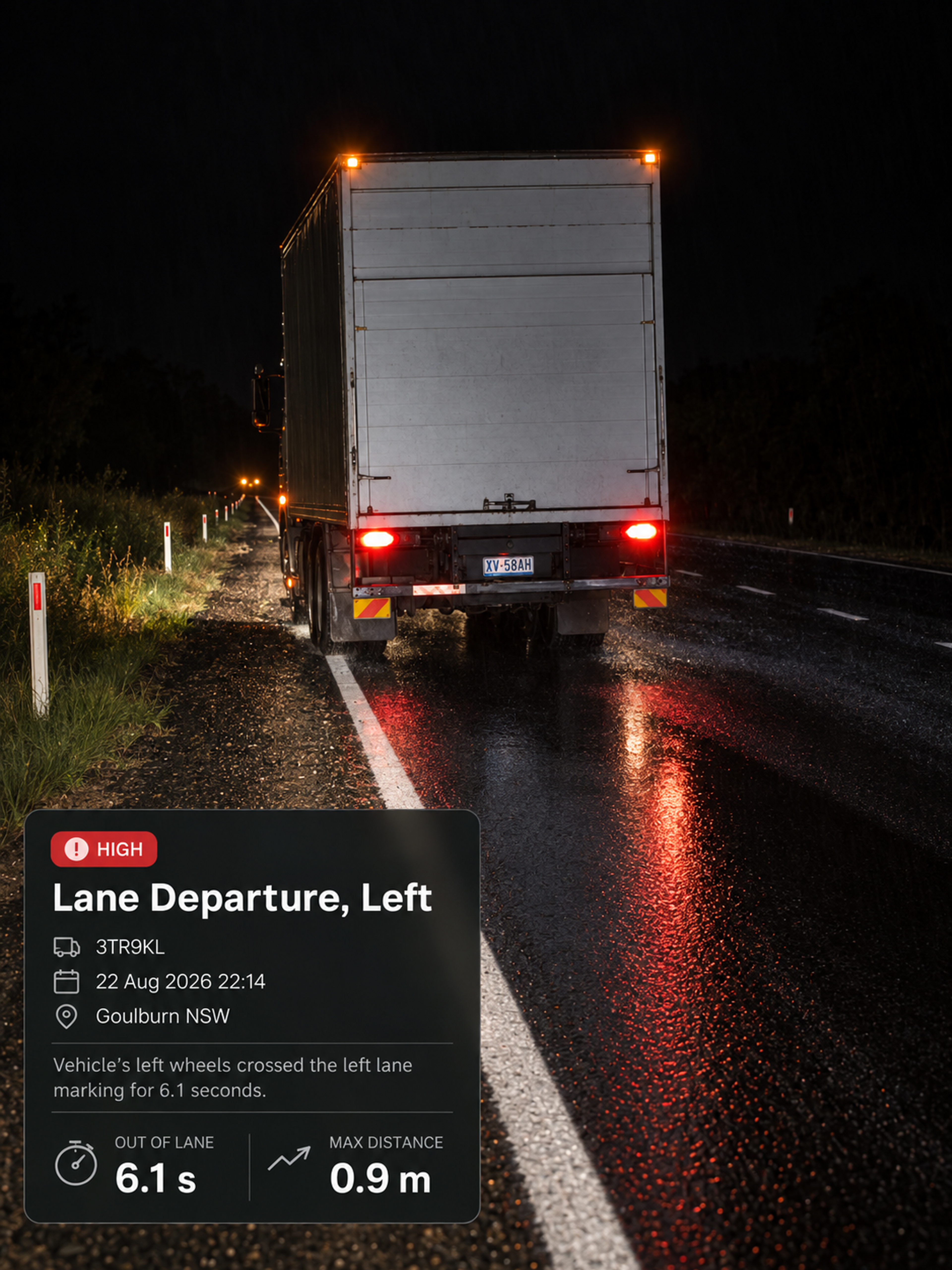 Photograph: a motorway lane from a road-facing viewpoint in daylight, lane markings clear. Portrait 3:4, dark and cool, room at the top for a heading, no text in the artwork.