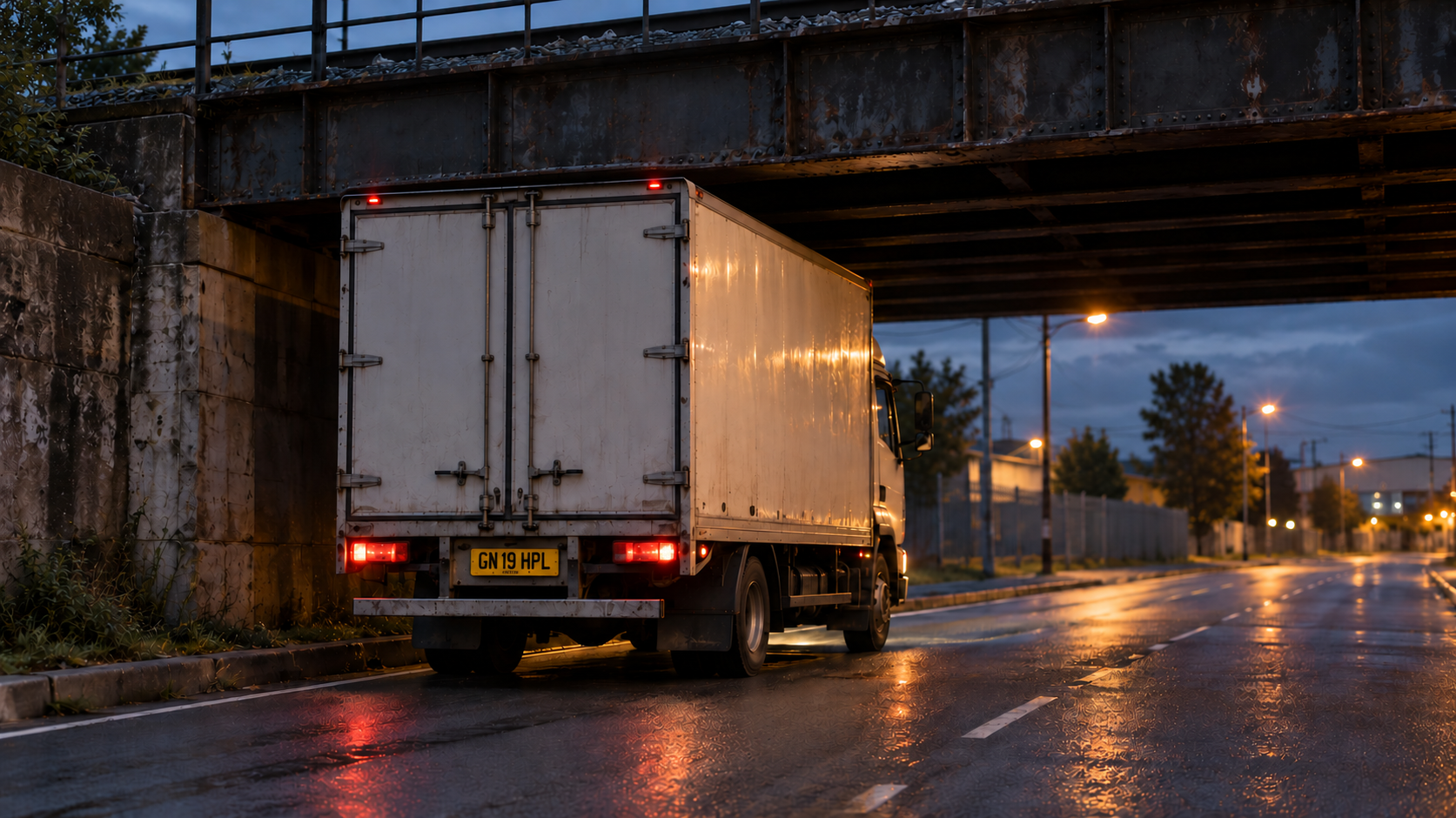 Editorial image: a low bridge on a freight route at dusk. No text in the artwork.