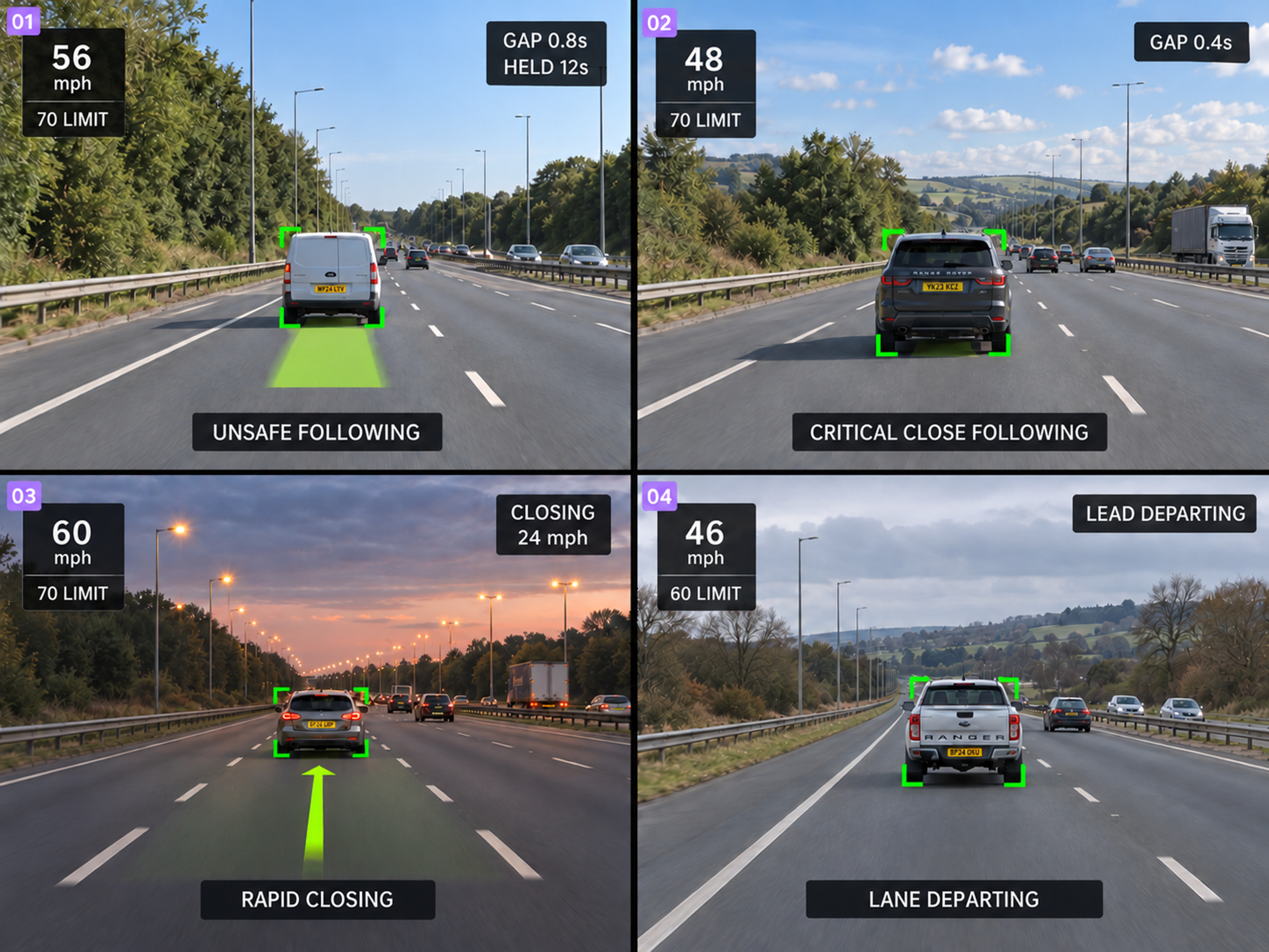 The four following behaviours as road-facing camera stills with the lead vehicle boxed: sustained unsafe following, critical close following, rapid closing with a closing-rate arrow, and lead vehicle departure. 4:3, dark UI.