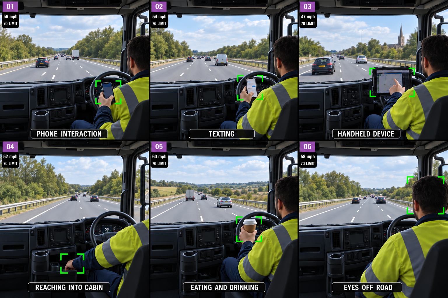 The six supported distraction behaviours as in-cab camera stills: phone interaction, texting, other handheld device, reaching into the cabin, eating and drinking, and eyes off road. 4:3, dark UI.