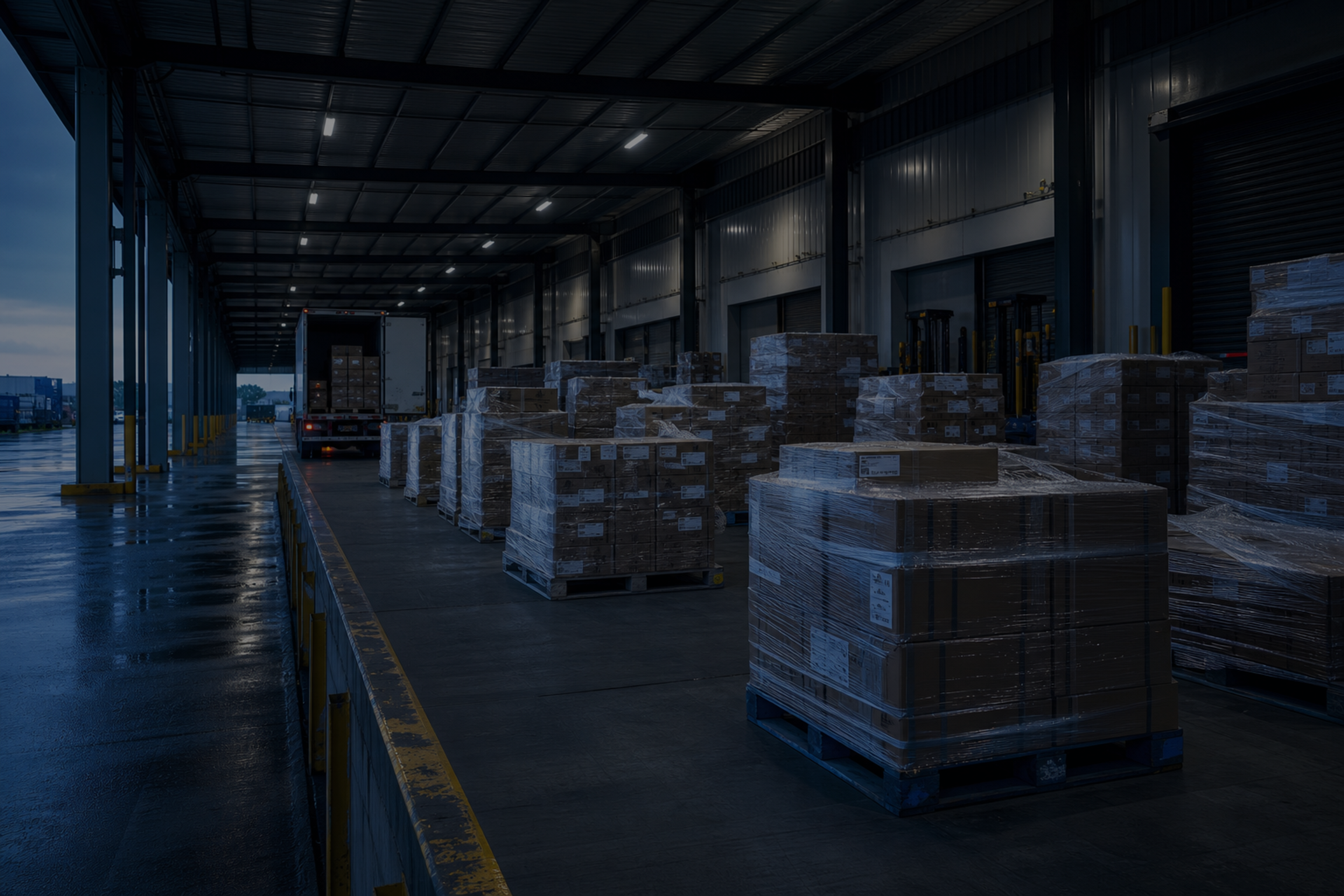 Full-bleed scene, edge to edge: a loading dock at dawn with pallets staged and ready, dark and cool so the headline and the accordion read over it. No text in the artwork. 2400x1400.