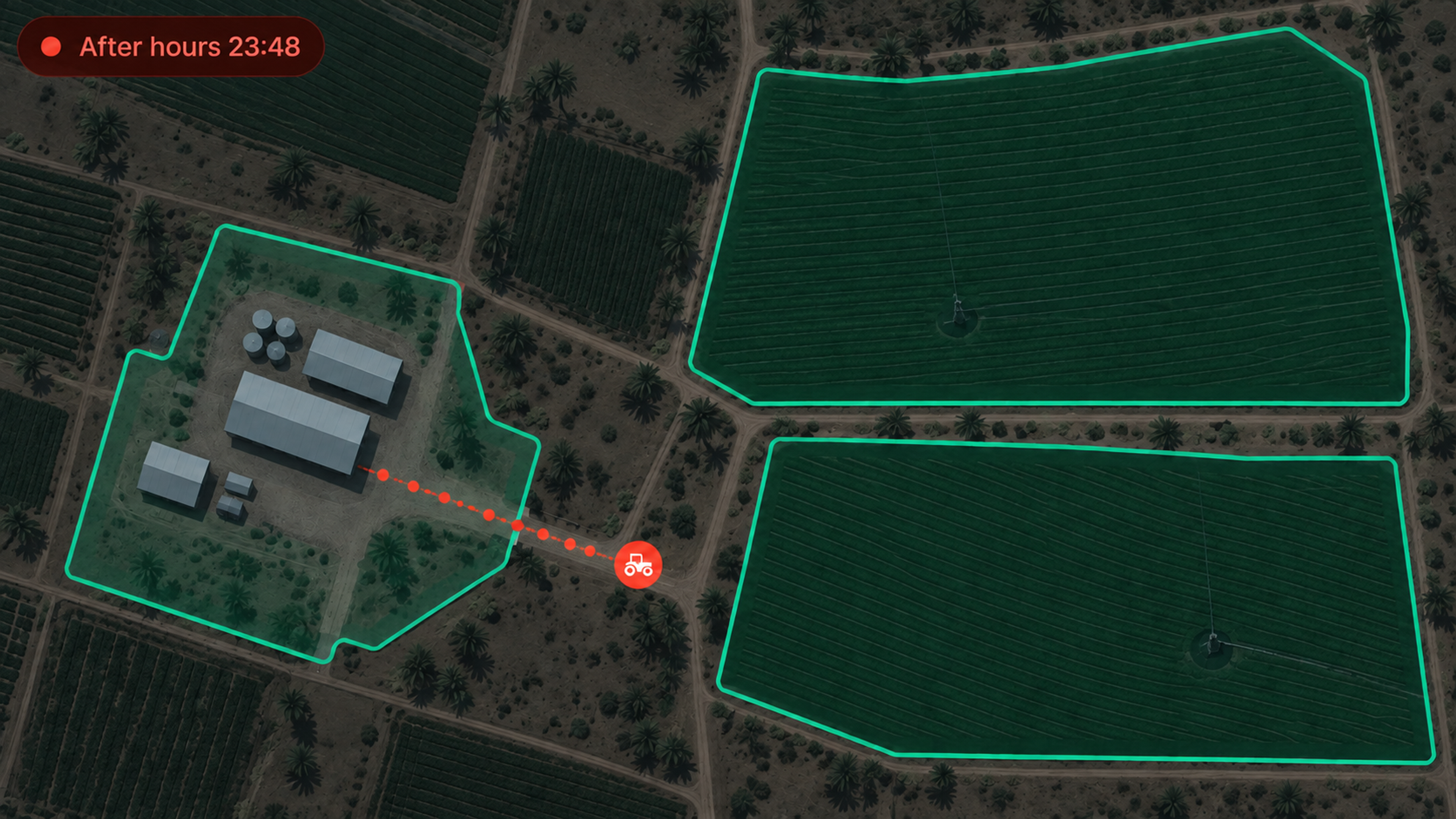 Geofence view: boundaries drawn around the working areas with an after-hours movement alert.
