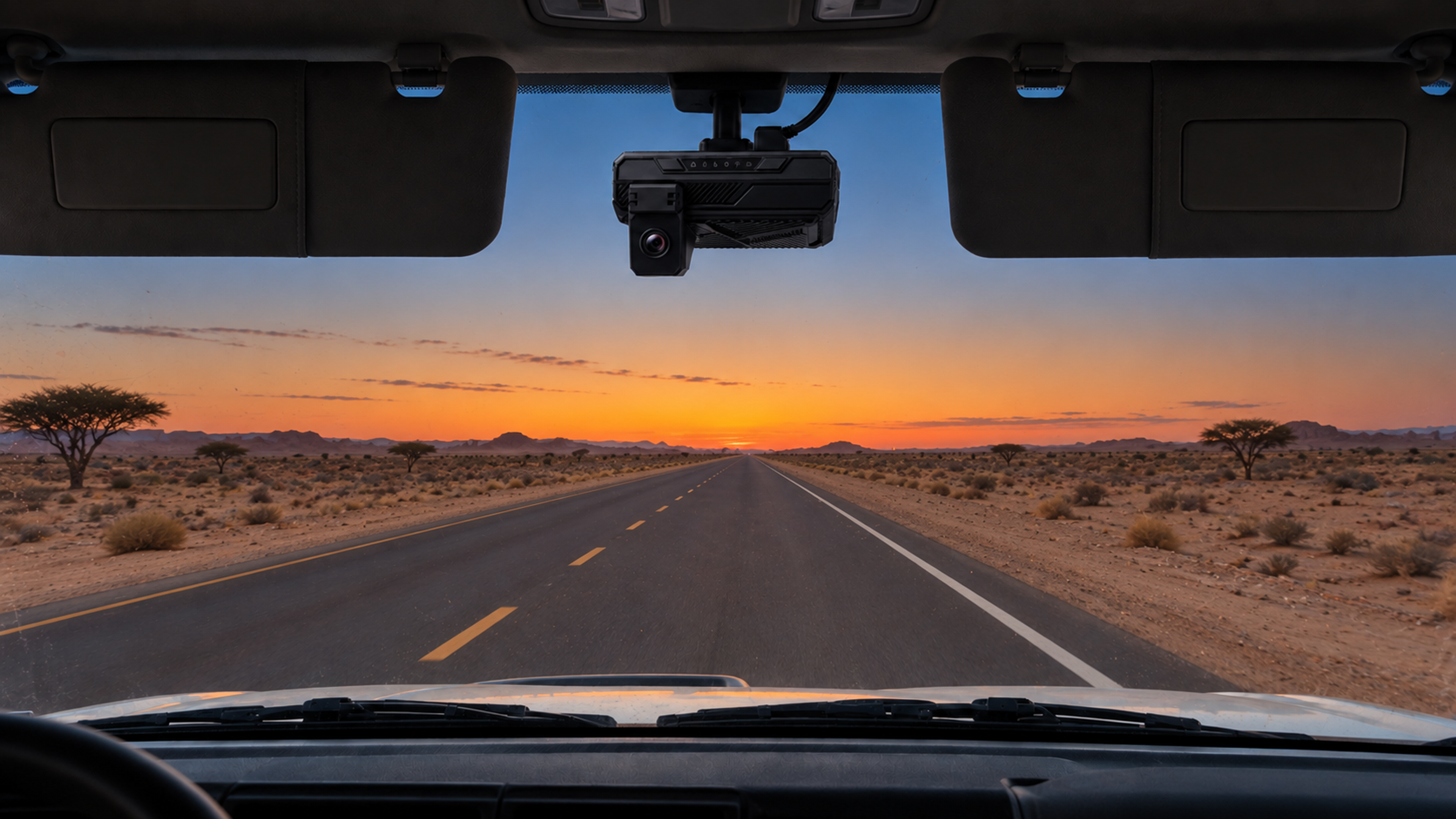 Editorial image: a vehicle interior at dusk, camera visible on the screen line. No text in the artwork.