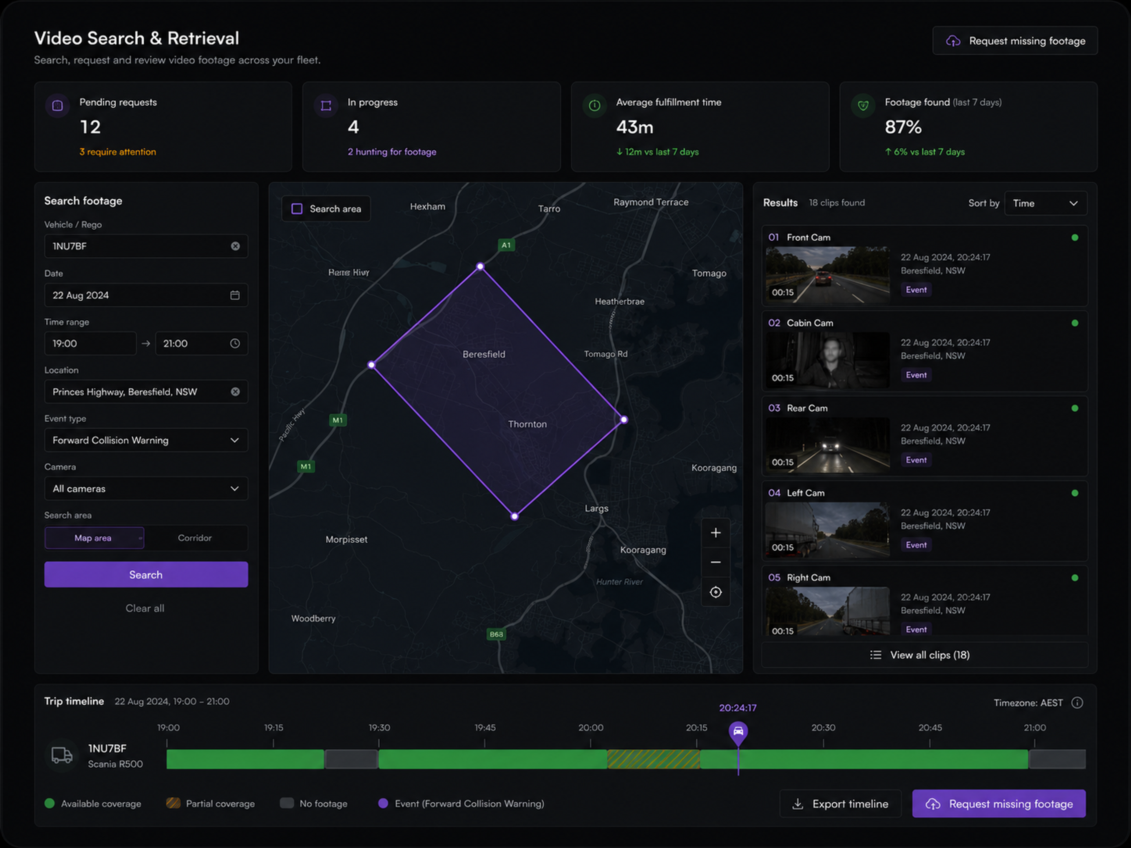 Vision360 footage search: the counters for pending requests, in progress and average fulfilment time, the search form for vehicle, date and time, location and event type, the map search with a drawn area, and the trip timeline showing available, partial and unavailable coverage. 4:3, dark UI, 2000x1500.