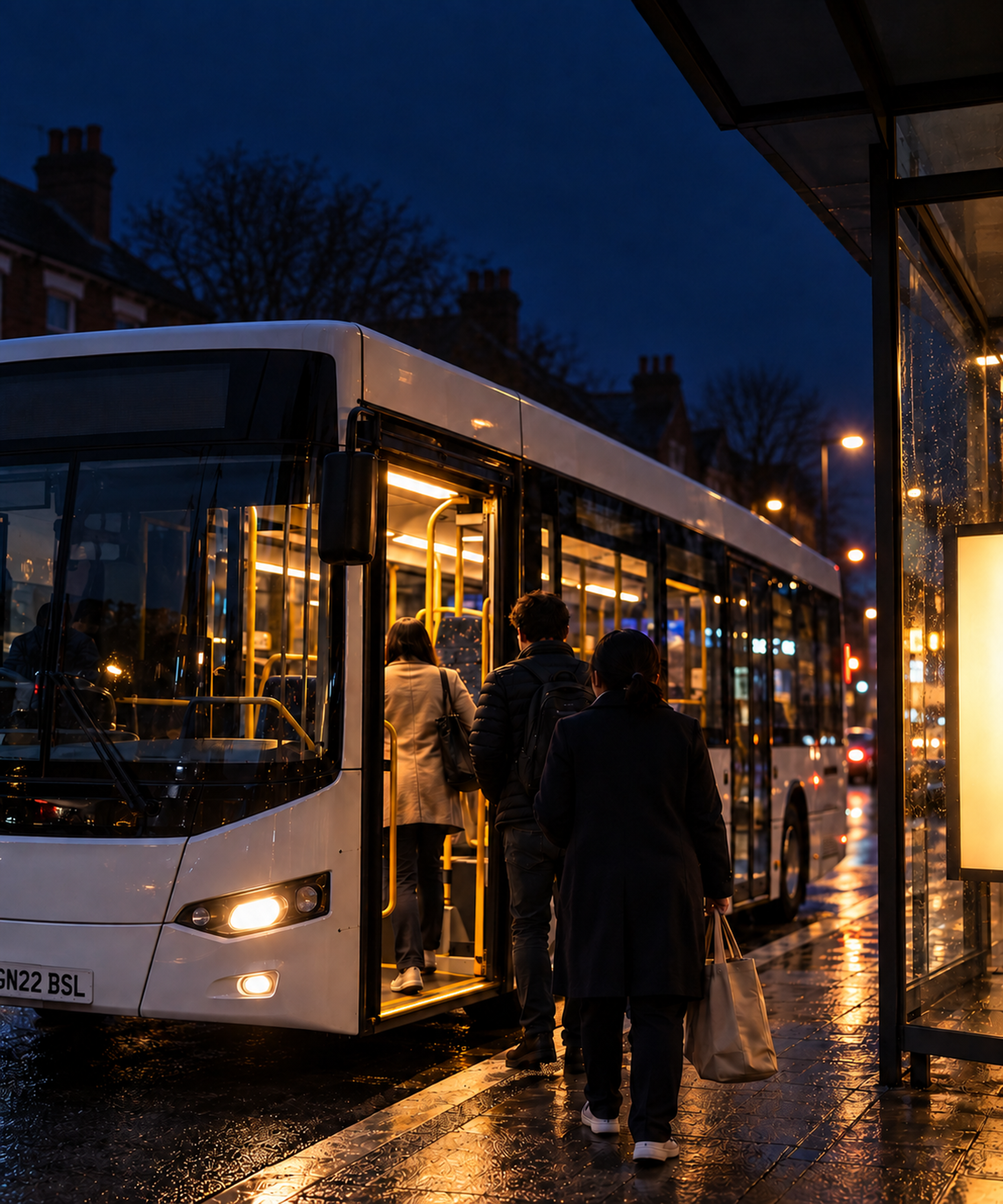 Photograph: a city bus at a stop at dusk, passengers boarding. Dark and cool, room at the top, no text in the artwork.
