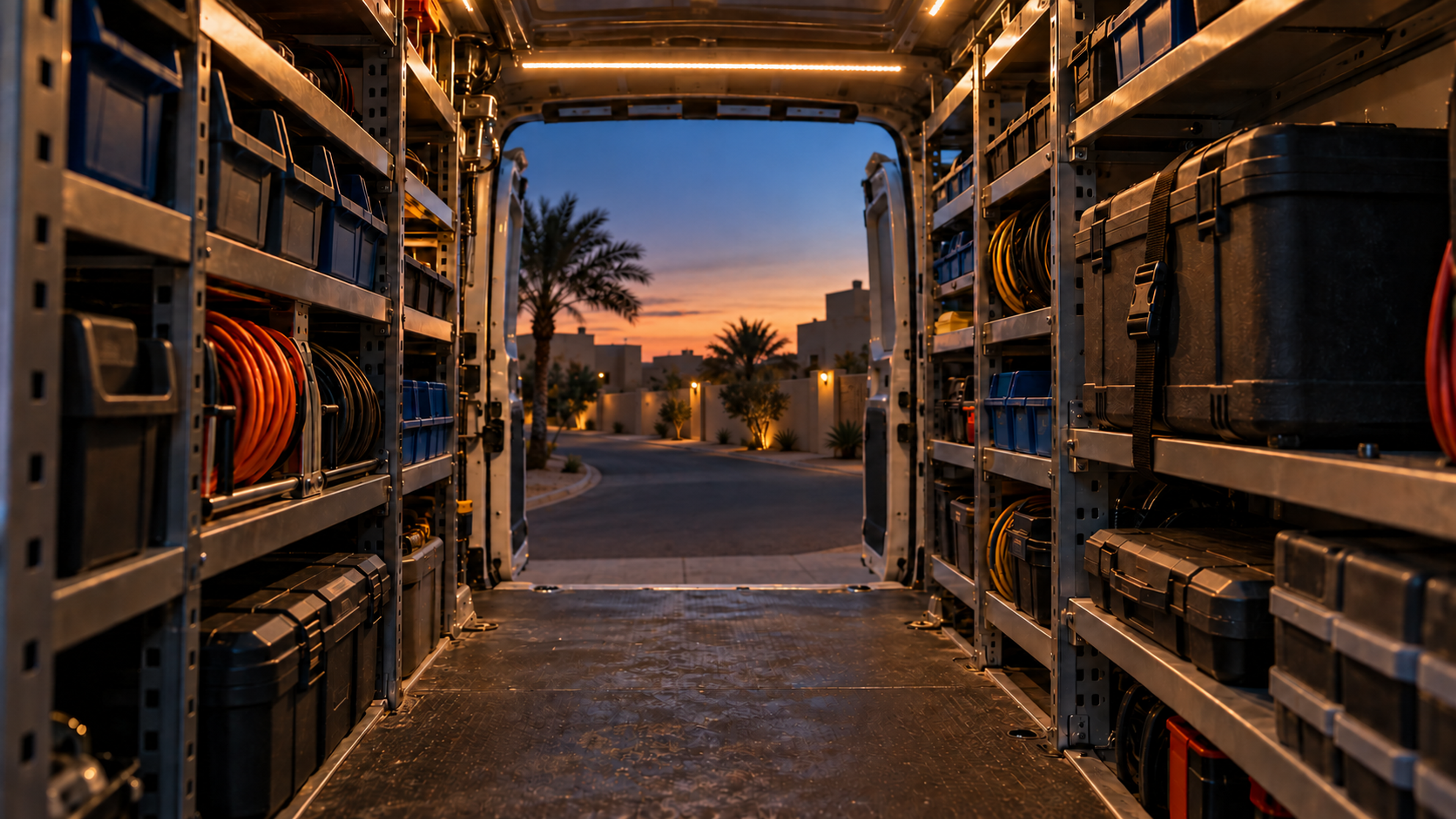 Editorial image: a technician's van interior with tools and parts. No text in the artwork.