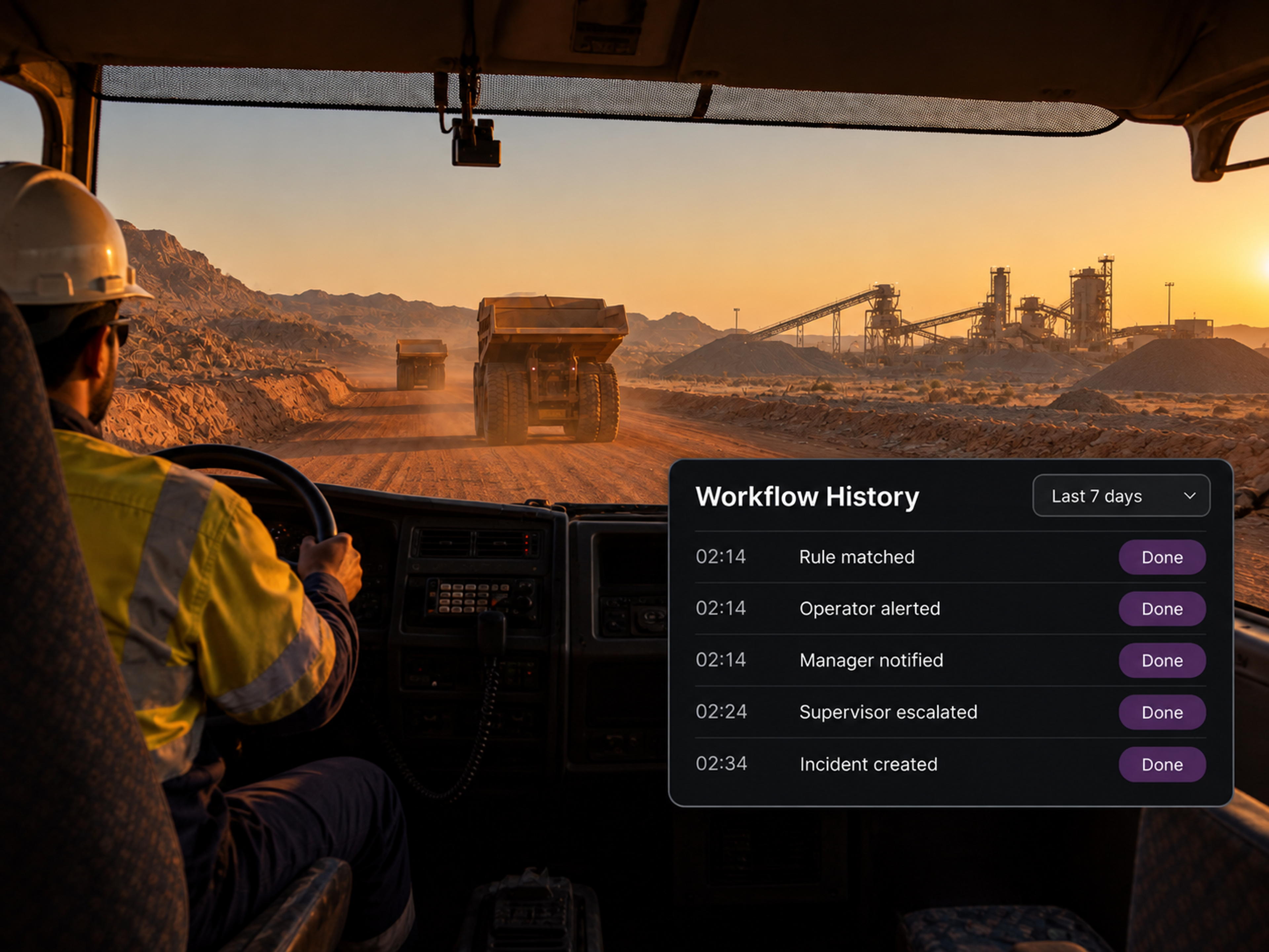 Workflow history panel with its date-range selector and step list. 4:3, dark UI.