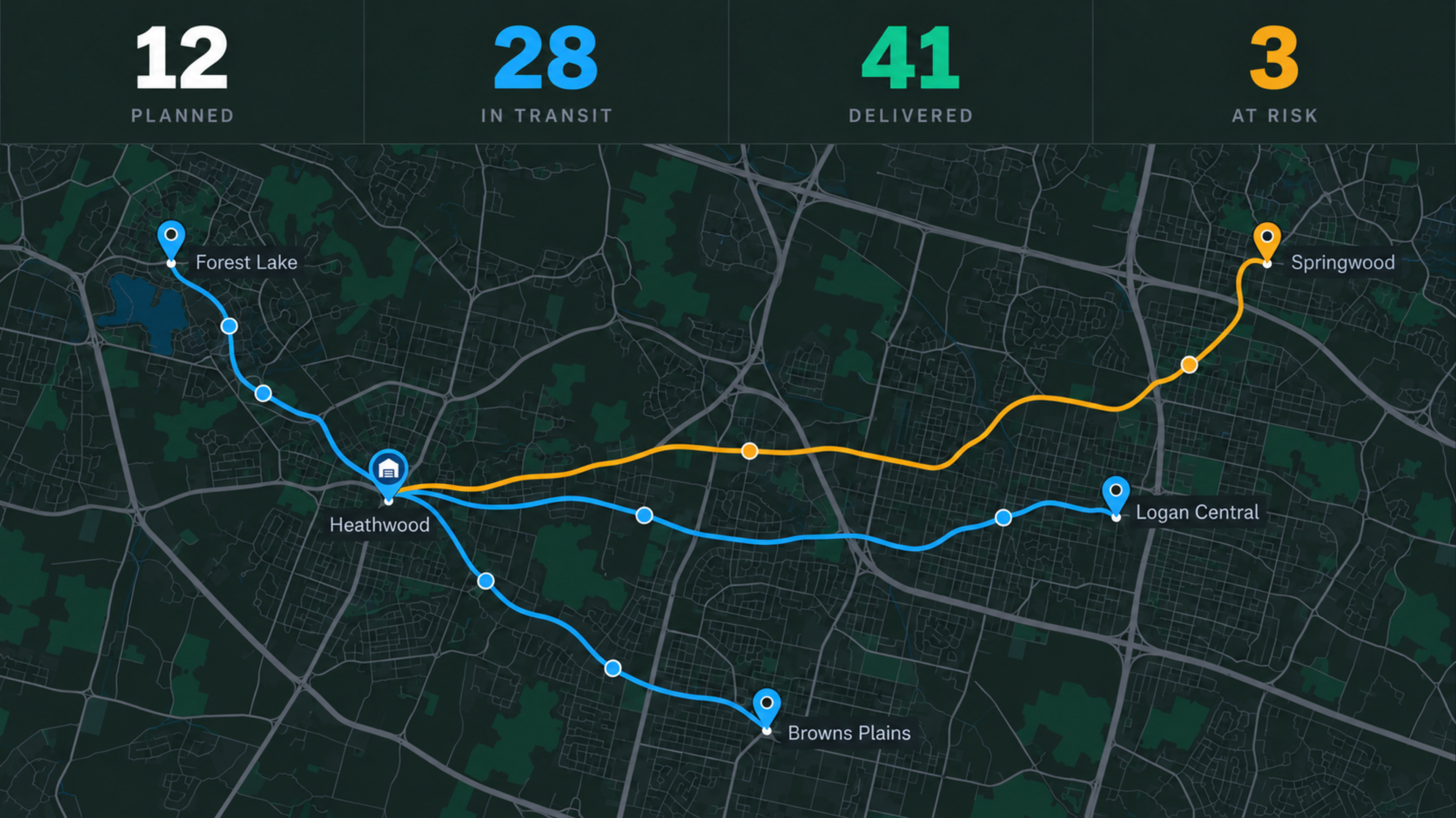 Control centre: load counters over the live map with routes by status.