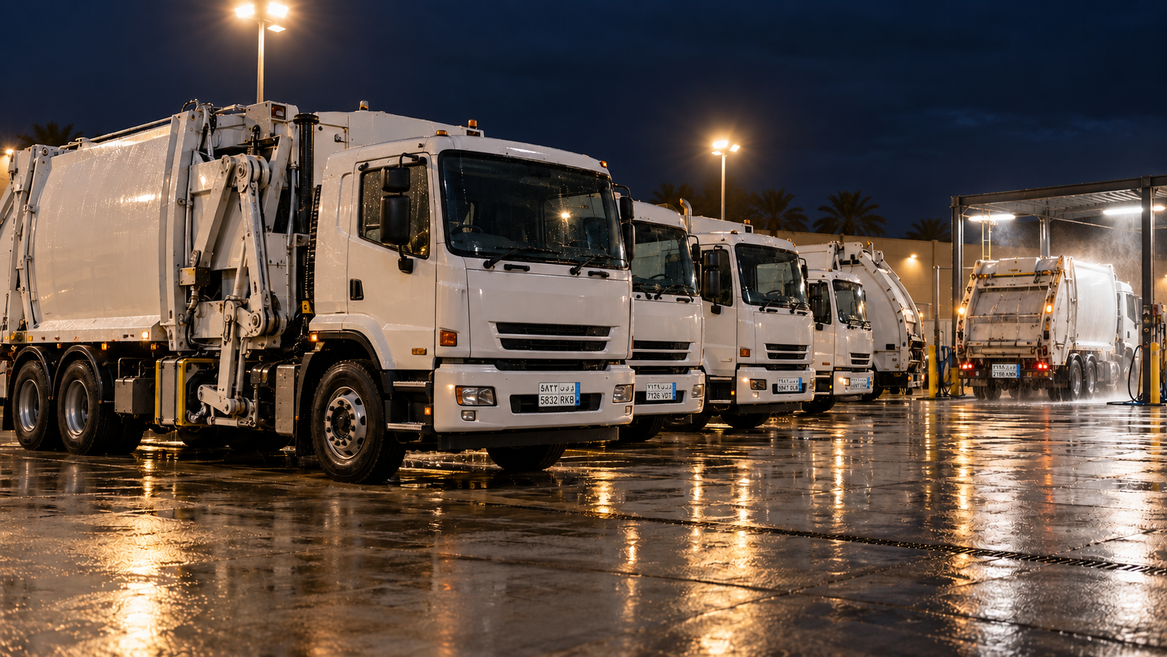 Editorial image: a depot yard at night with collection vehicles. No text in the artwork.