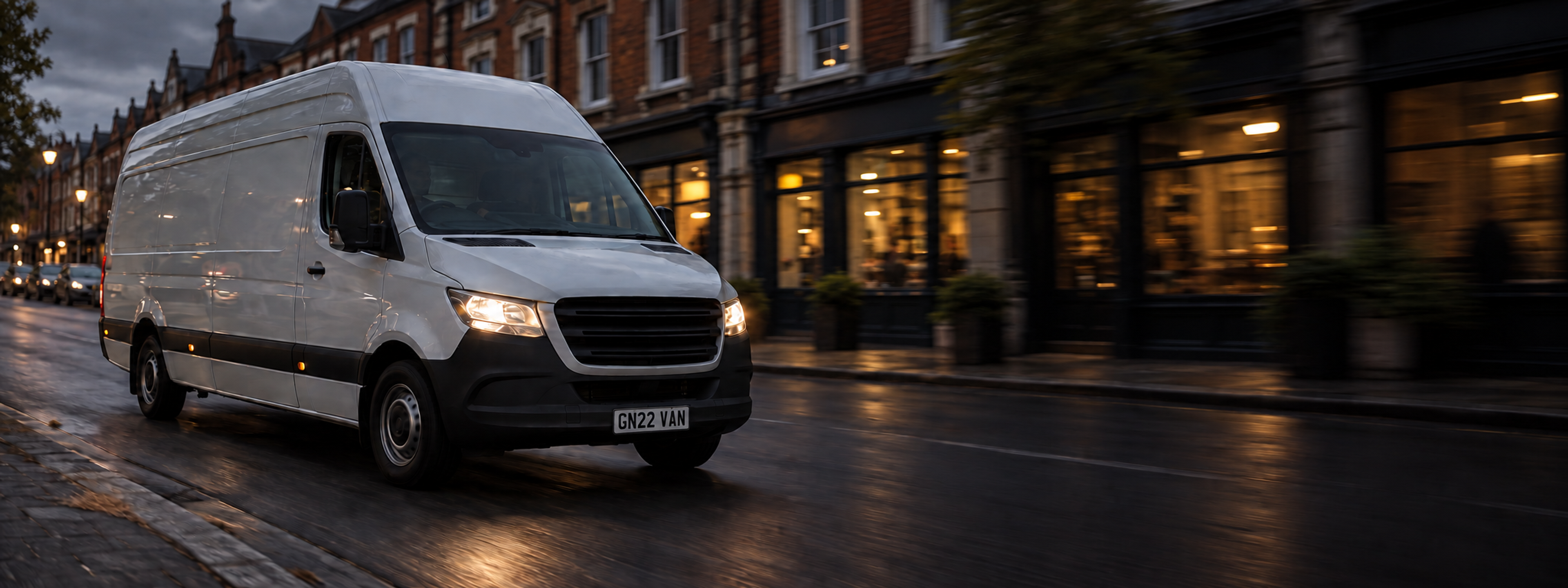 A delivery van on a city street in daylight, shot from the front three-quarter. No visible manufacturer badge. Dark and cool enough for a panel to sit over the right third. No text in the artwork. 2400x900.