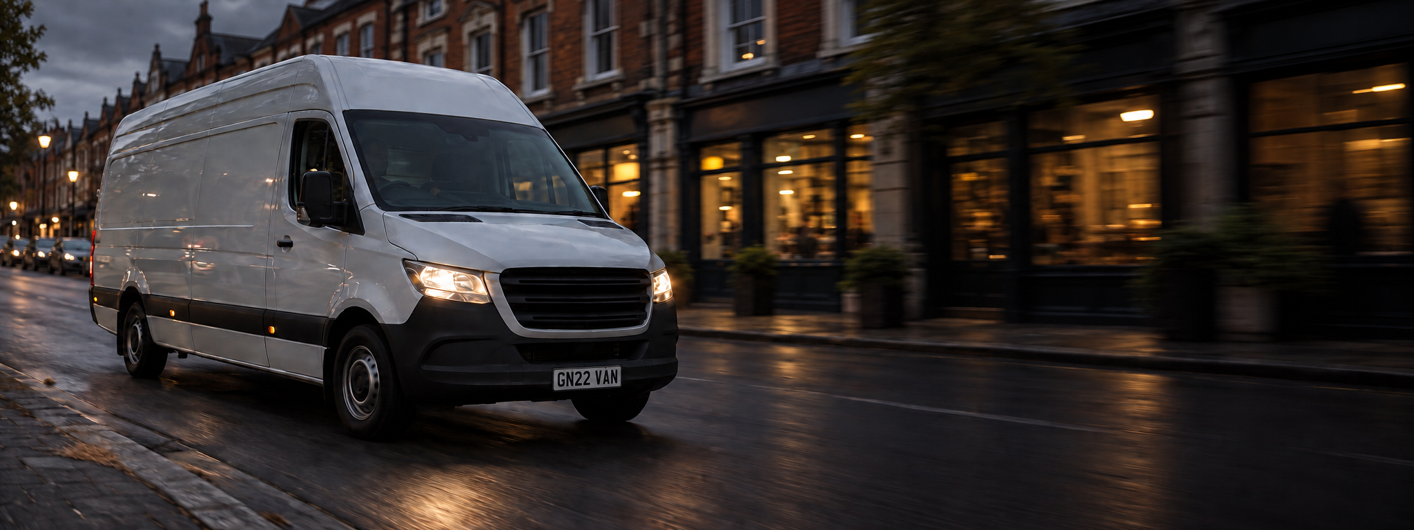A delivery van on a city street in daylight, shot from the front three-quarter. No visible manufacturer badge. Dark and cool enough for a panel to sit over the right third. No text in the artwork. 2400x900.