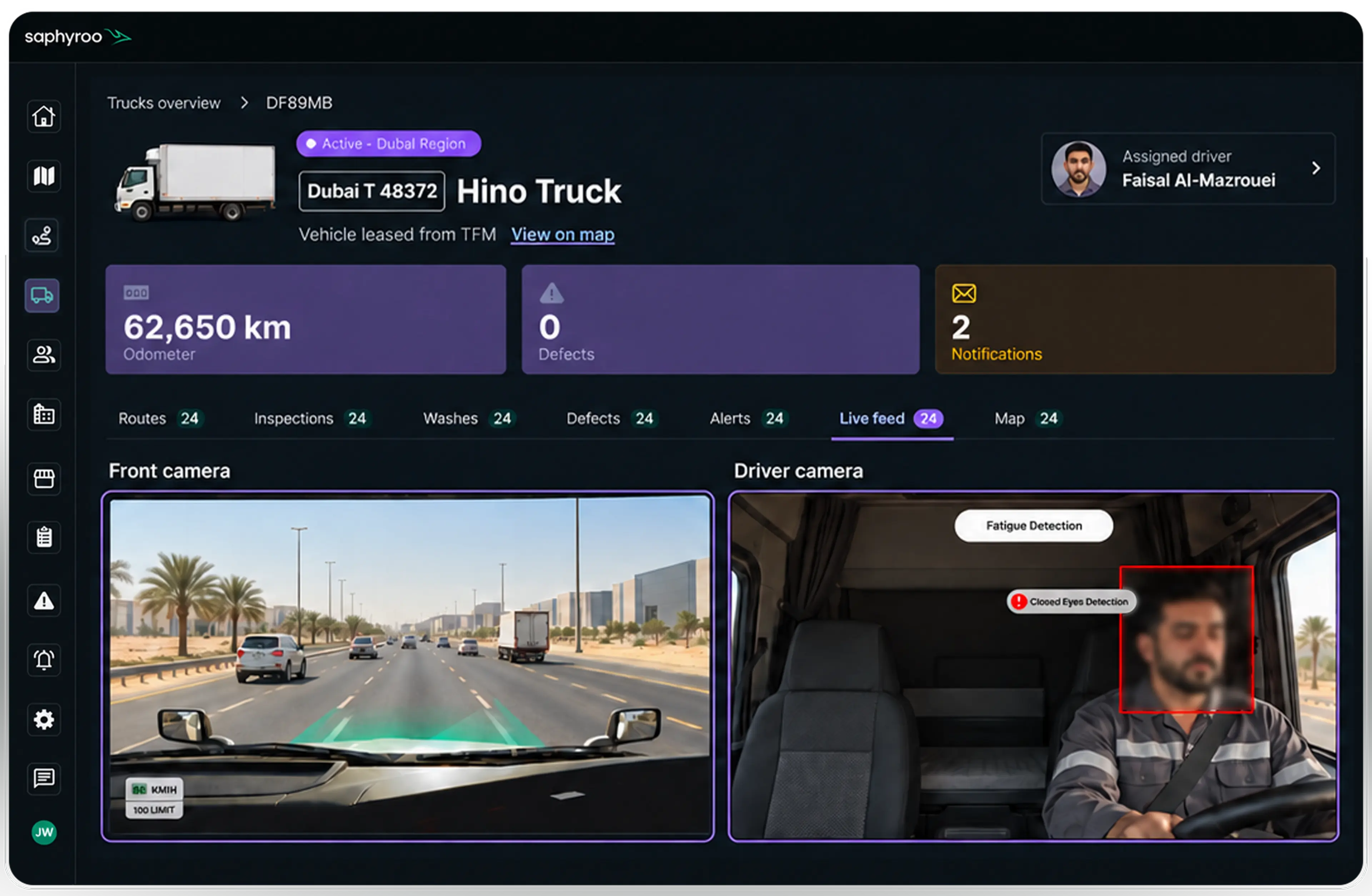 Vision360 vehicle view: the front camera and driver camera live side by side with fatigue detection flagging closed eyes, over the vehicle's odometer, defect and notification totals