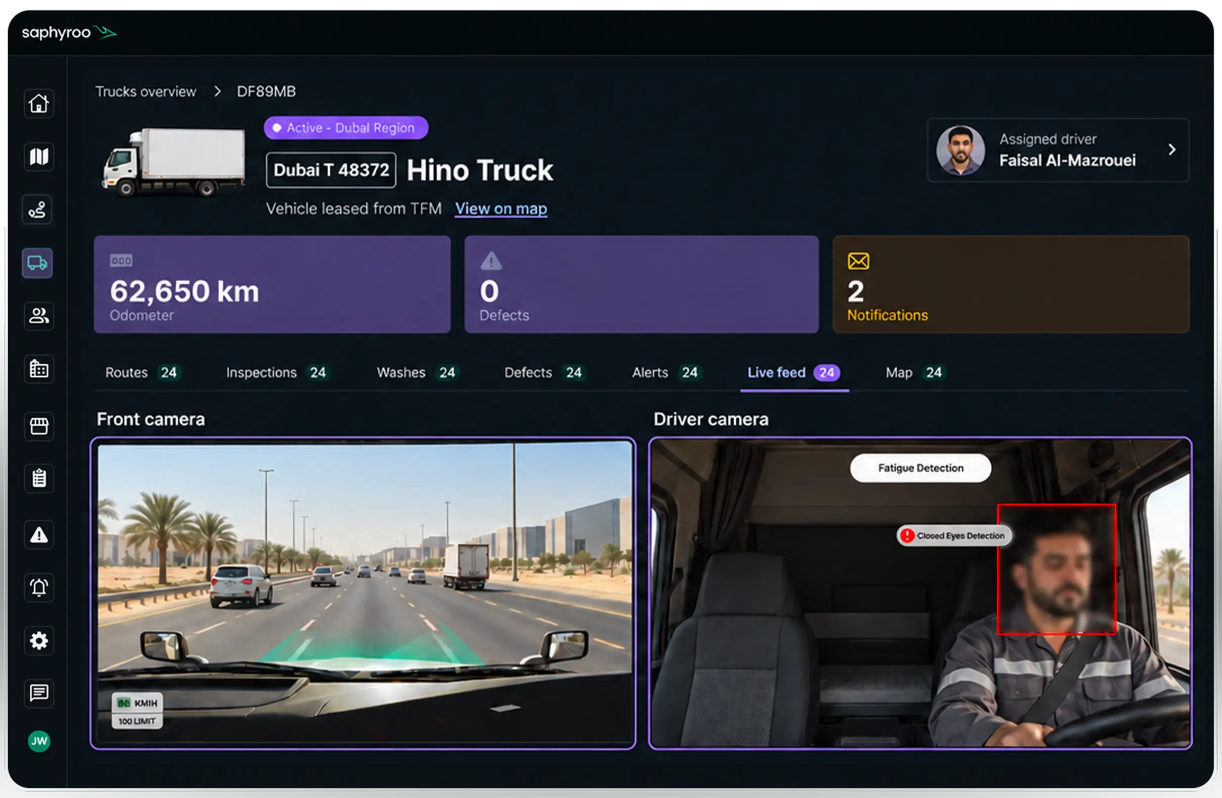 Vision360 vehicle view: the front camera and driver camera live side by side with fatigue detection flagging closed eyes, over the vehicle's odometer, defect and notification totals
