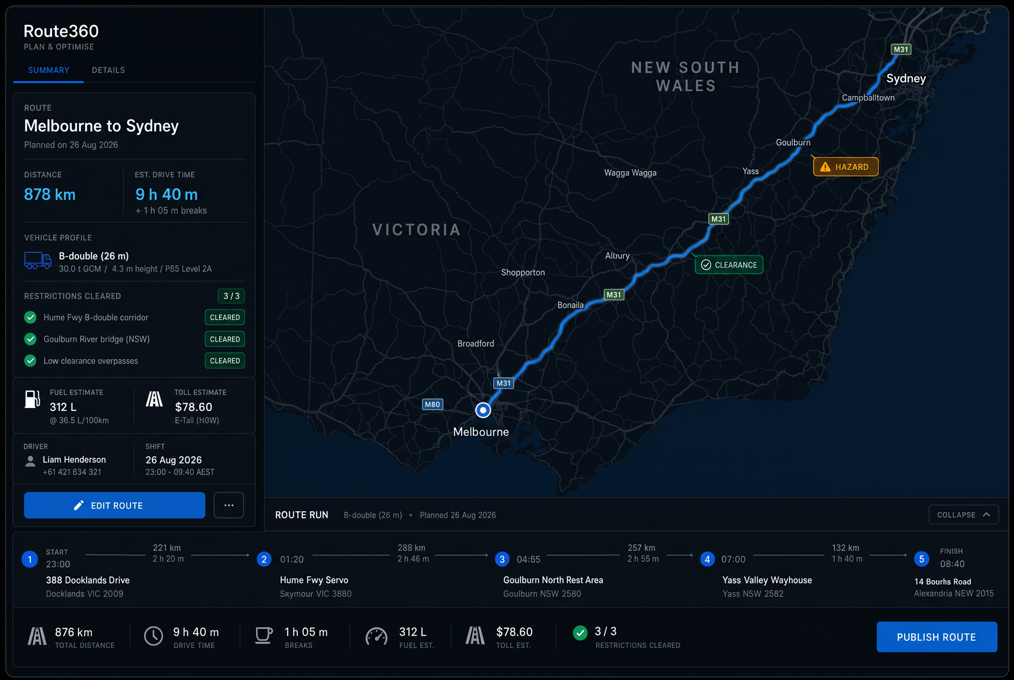 Route summary panel beside a long-haul route with clearance, turn and hazard markers on it. 16:9, dark UI.