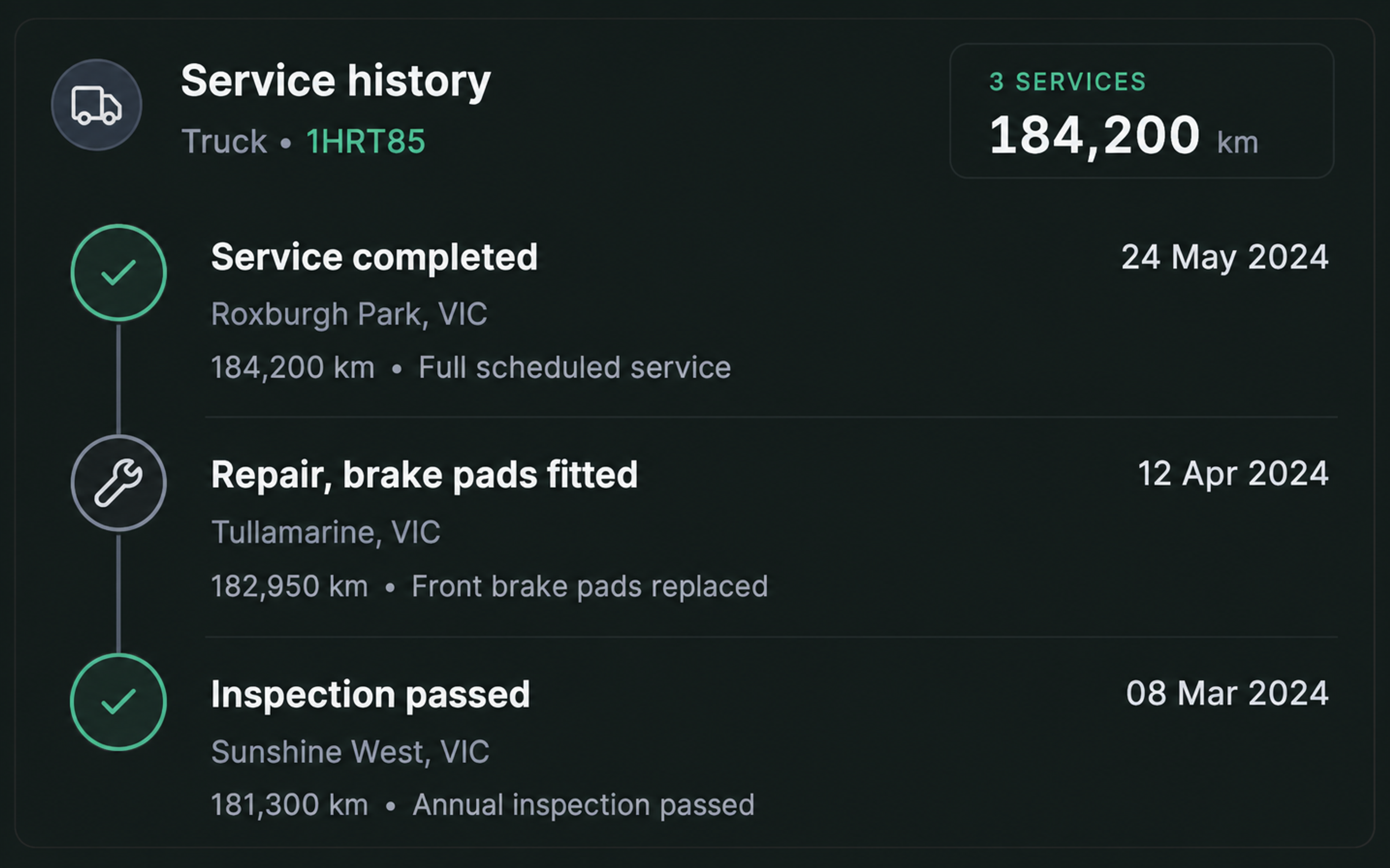 Drive360 service timeline for one vehicle