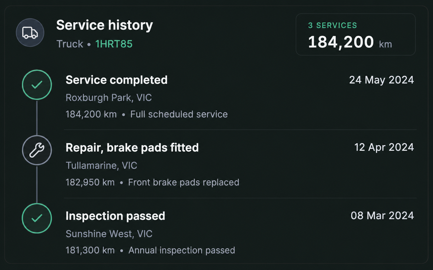 Drive360 service timeline for one vehicle