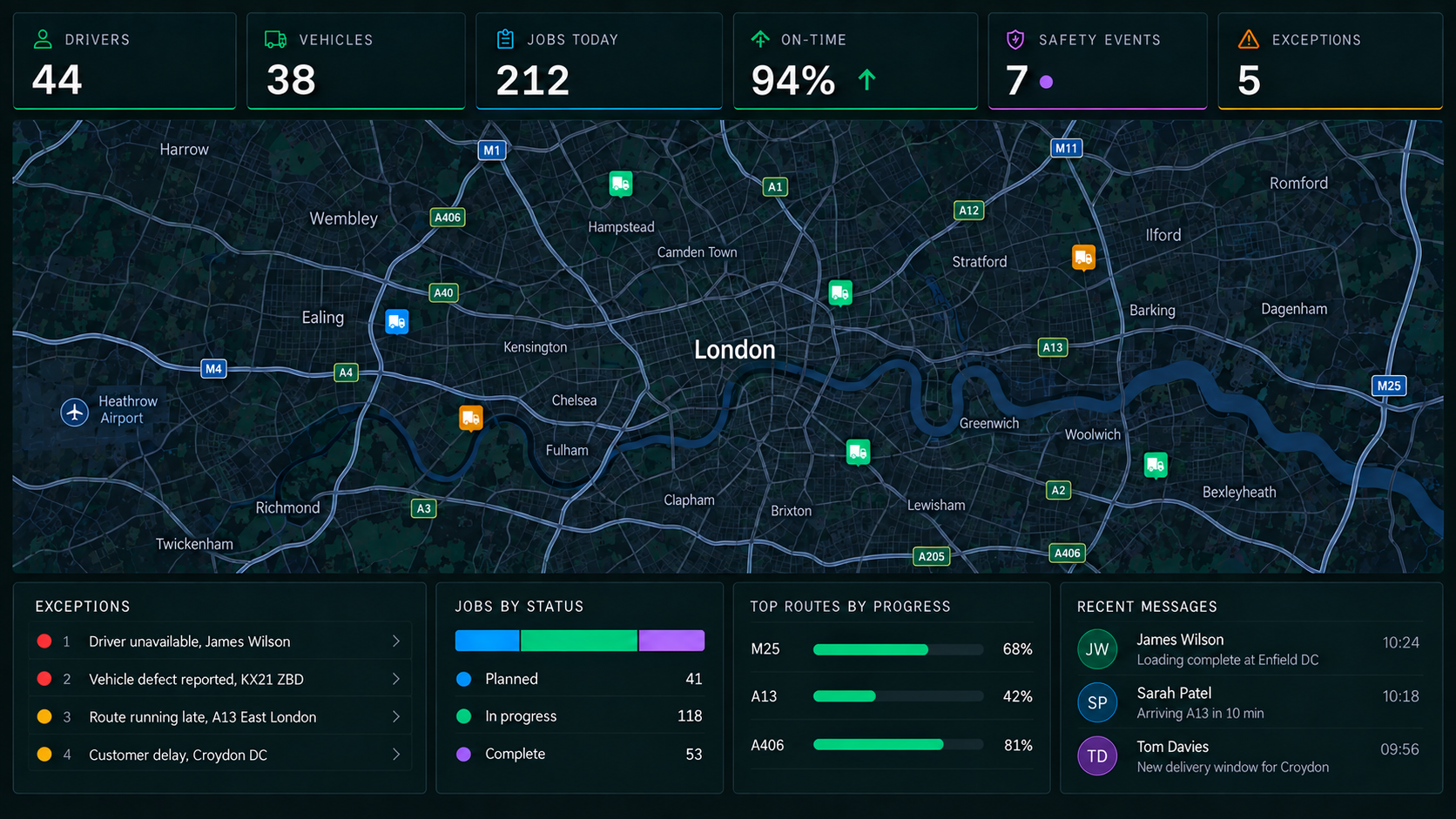 The connected operations control centre in full: counters and live map across the top, exceptions queue, jobs by status, top routes by progress and recent messages.