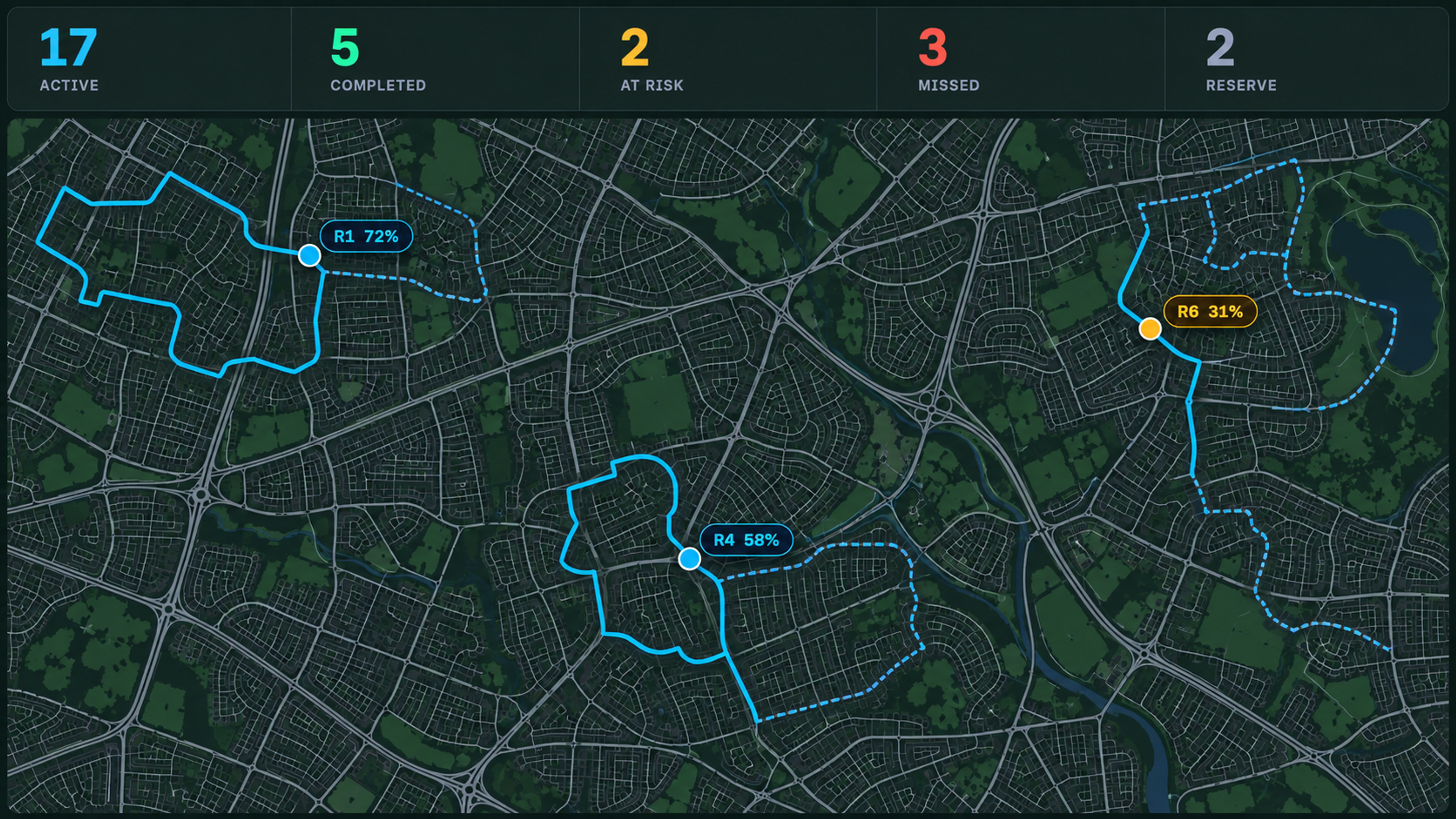 Control centre: round counters over the live map, with active rounds and their progress.
