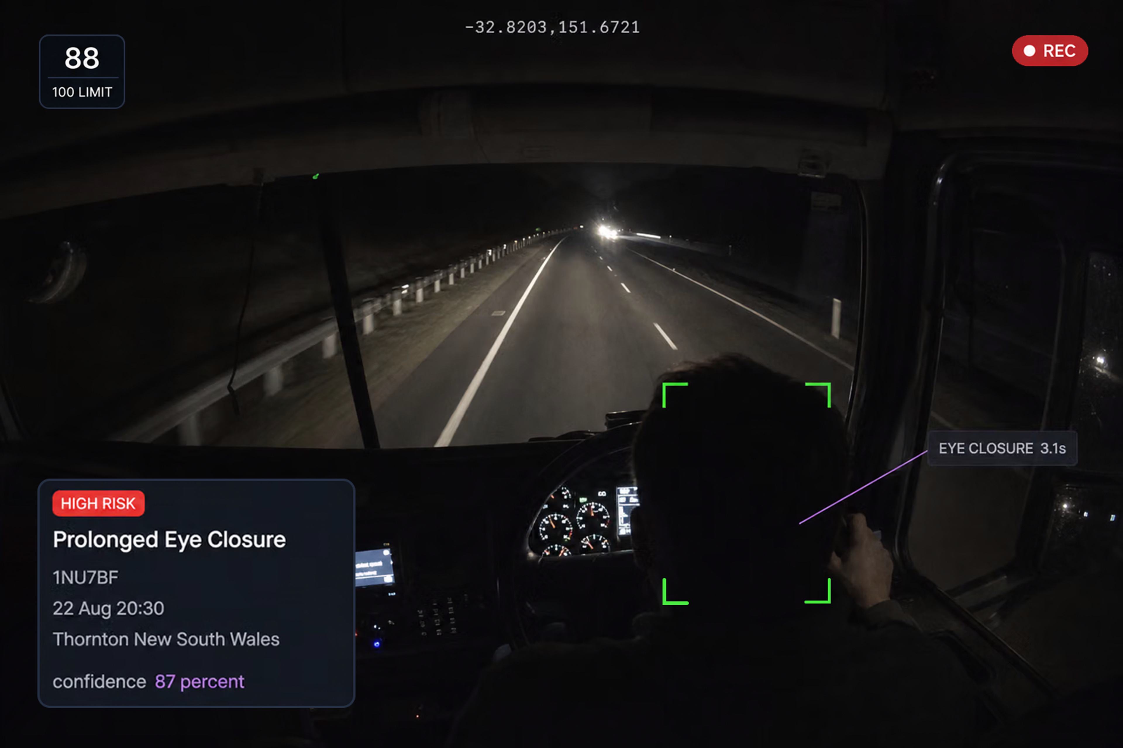 Vision360 fatigue event review: the high-risk fatigue event header, the in-cab video with the driver's face boxed, the detected behaviour and confidence panel, the event details list, and the ten seconds before and after strip along the bottom. 4:3, dark UI, 2000x1500.