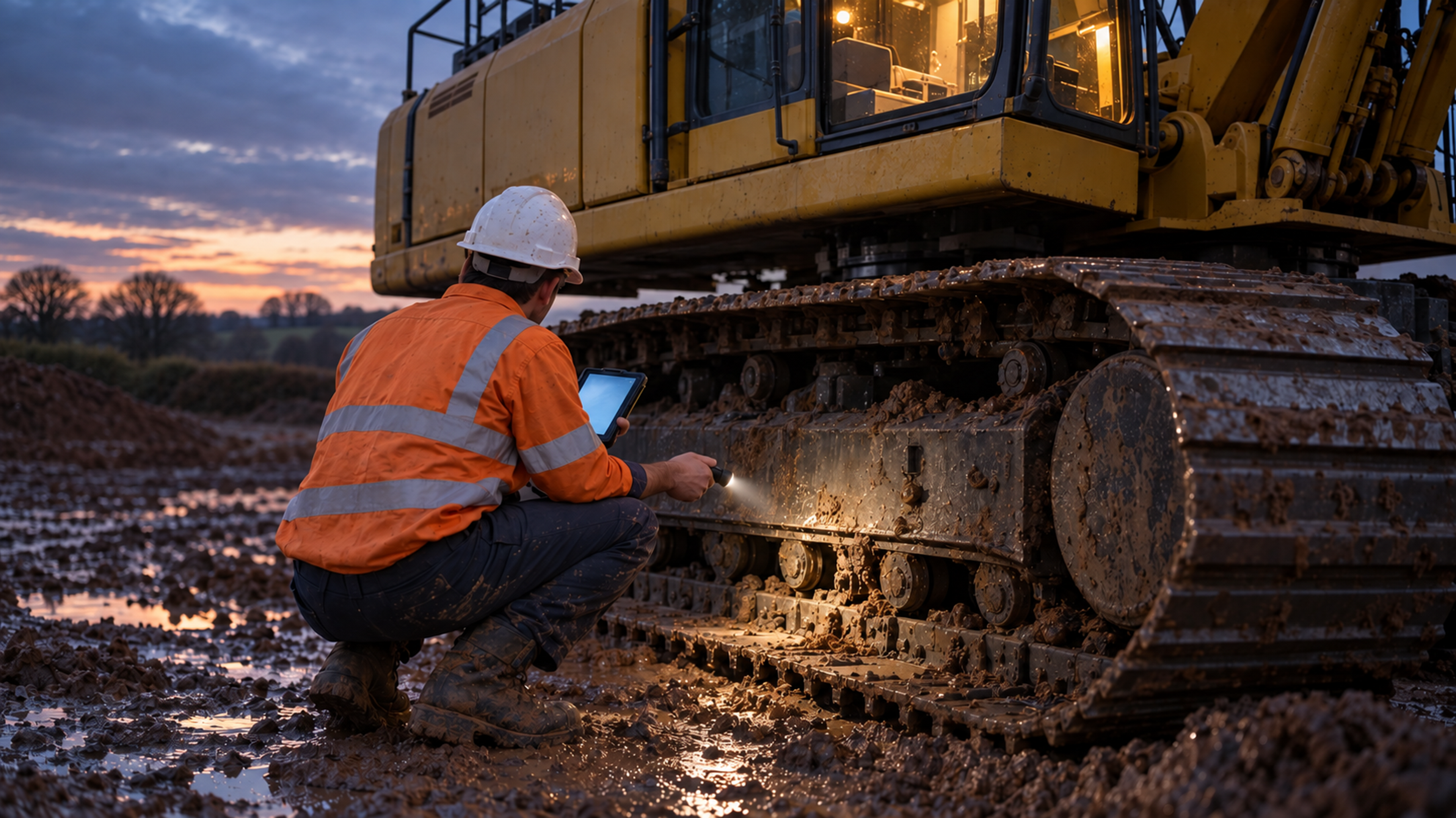 Editorial image: an operator walking a machine at dawn. No text in the artwork.