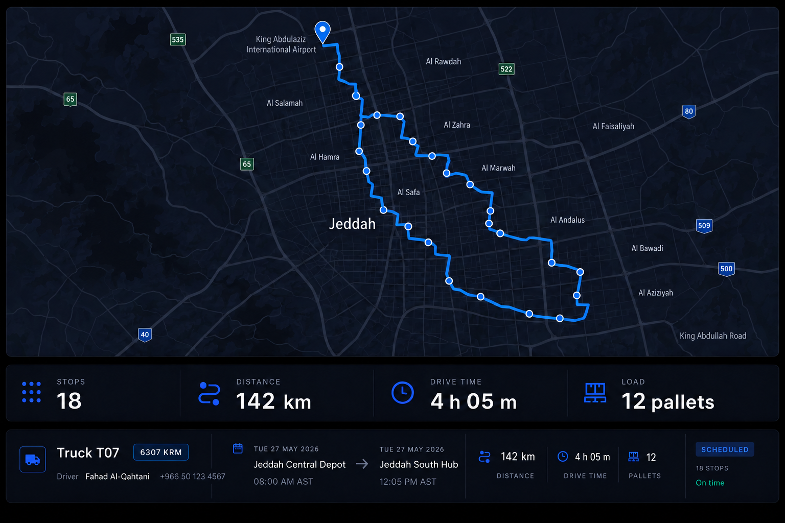 Route summary panel: the route drawn on a map above its four headline figures. 16:9, dark UI.
