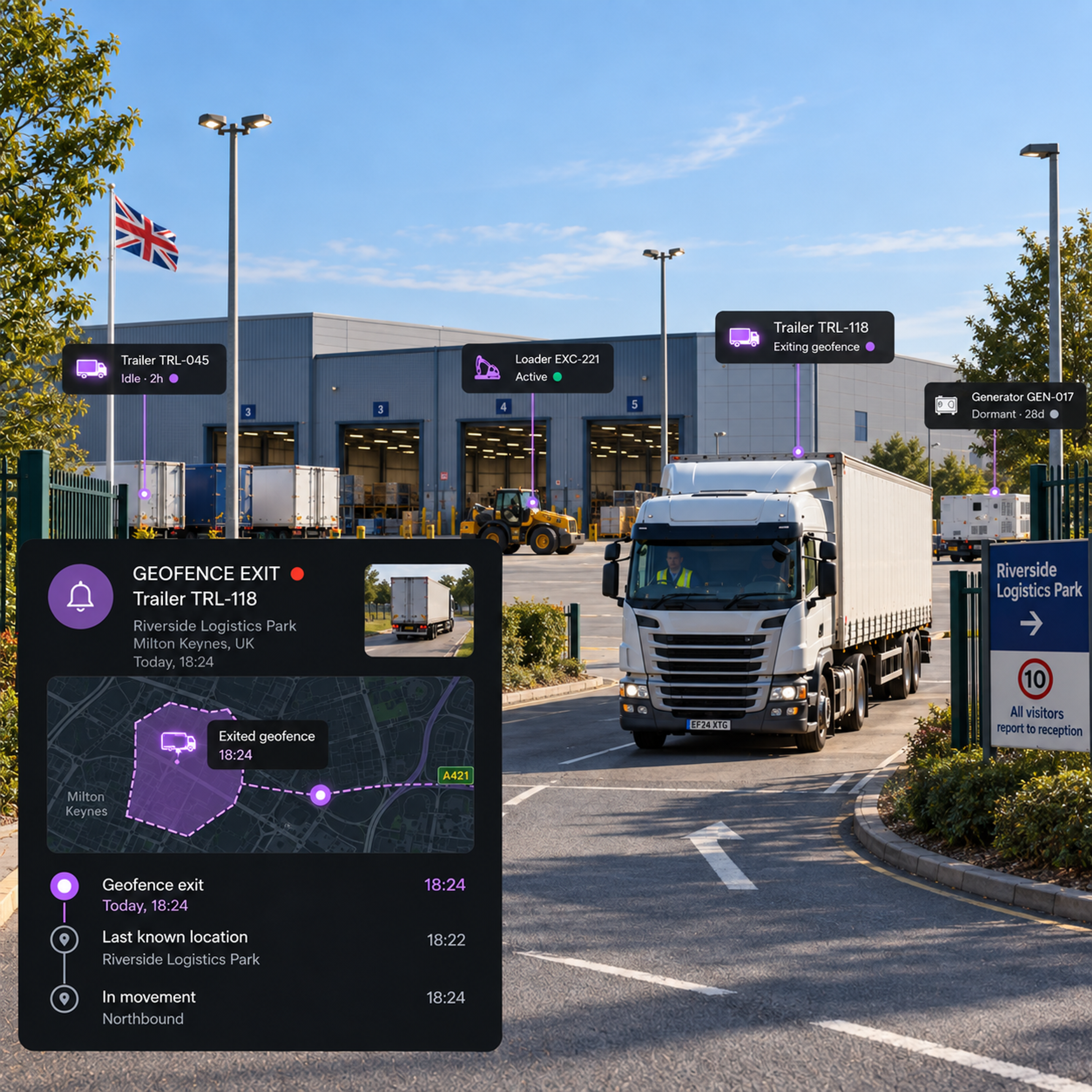 Asset protection workflow: geofence exit, alert raised, investigate with location history, then action, drawn as four connected steps over a map. 4:3, dark UI.