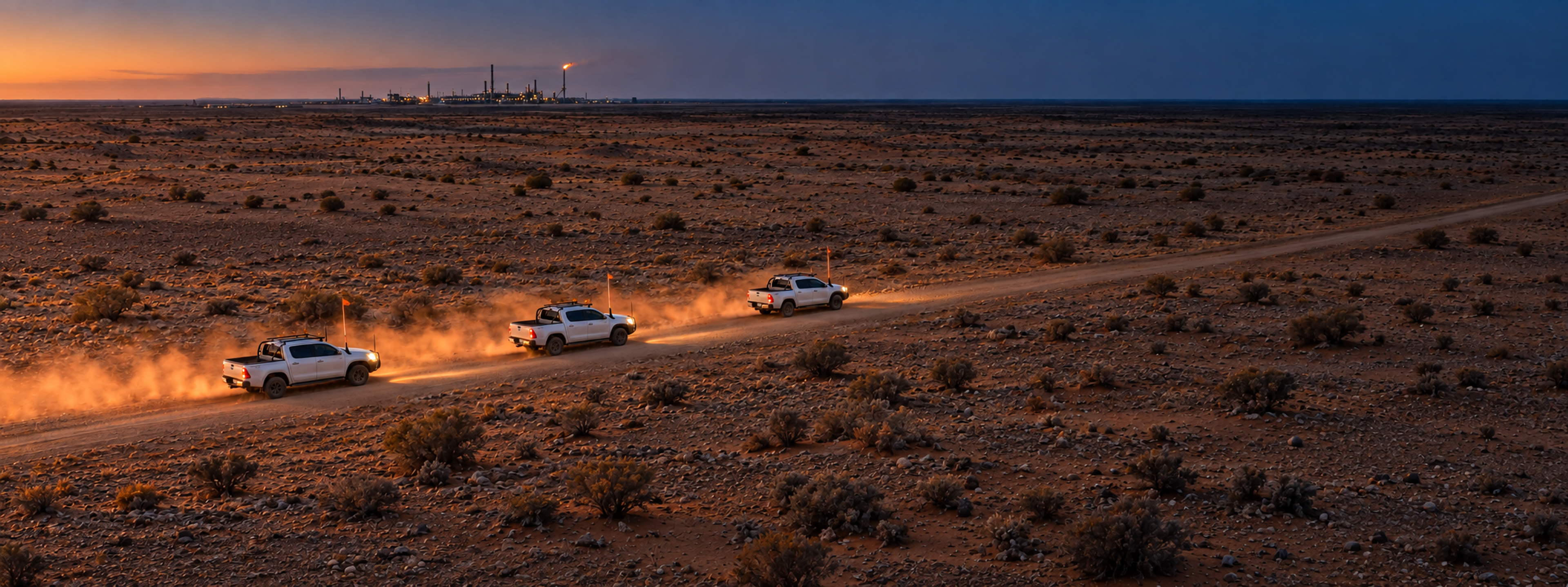 Photograph: a light vehicle convoy on a remote access road at dusk, shot from height, plant infrastructure distant on the horizon. No visible manufacturer badges, liveries or text. Dark and cool enough for a panel to sit over the right third. 2400x900.