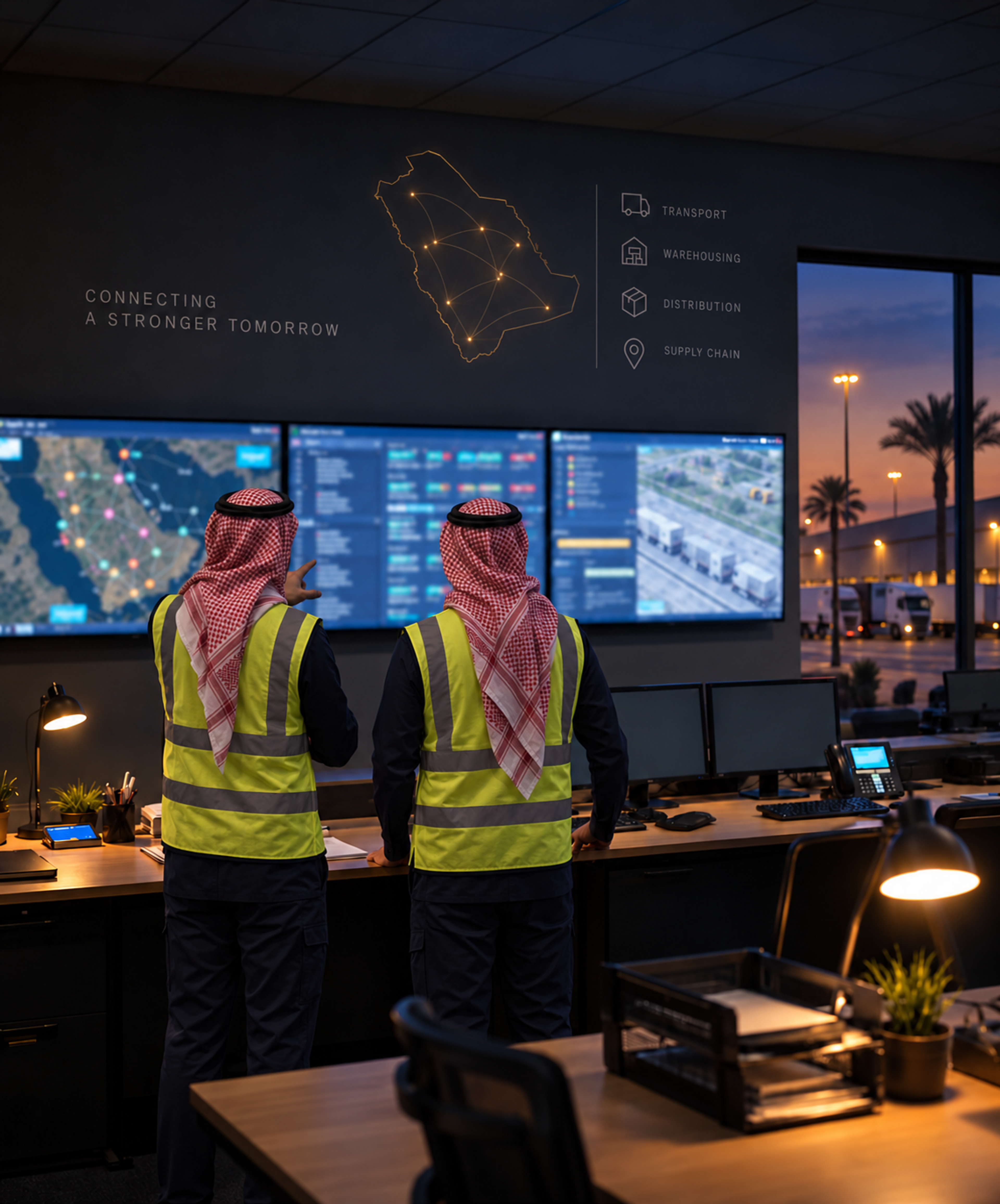 Photograph: a transport operations room at dusk, screens glowing, people mid-decision. Dark and cool, room at the top, no text in the artwork.