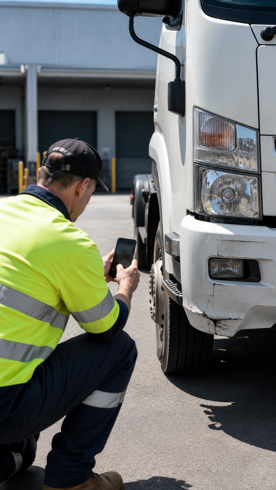 Drive360 app: defect reported, front brake pads worn, with a photo and priority set to high