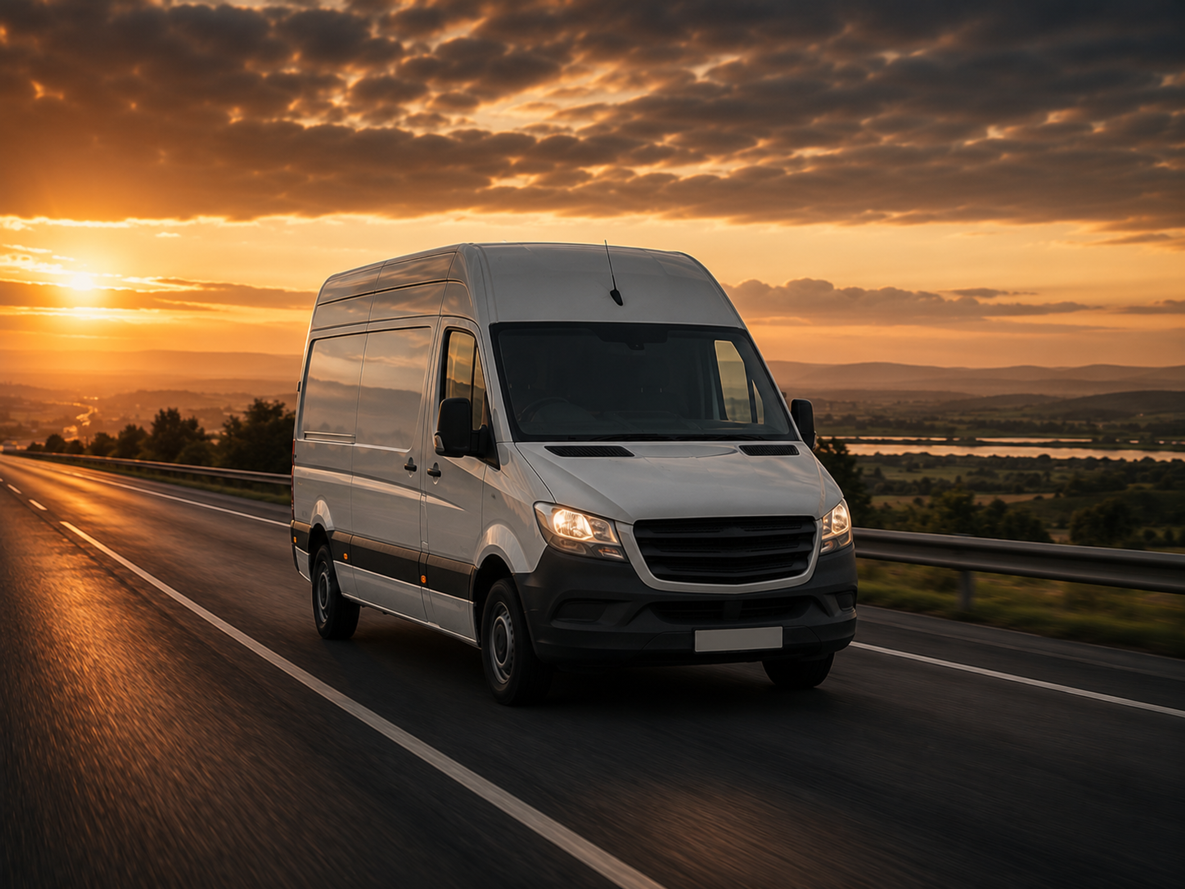 Delivery van on the highway at golden hour