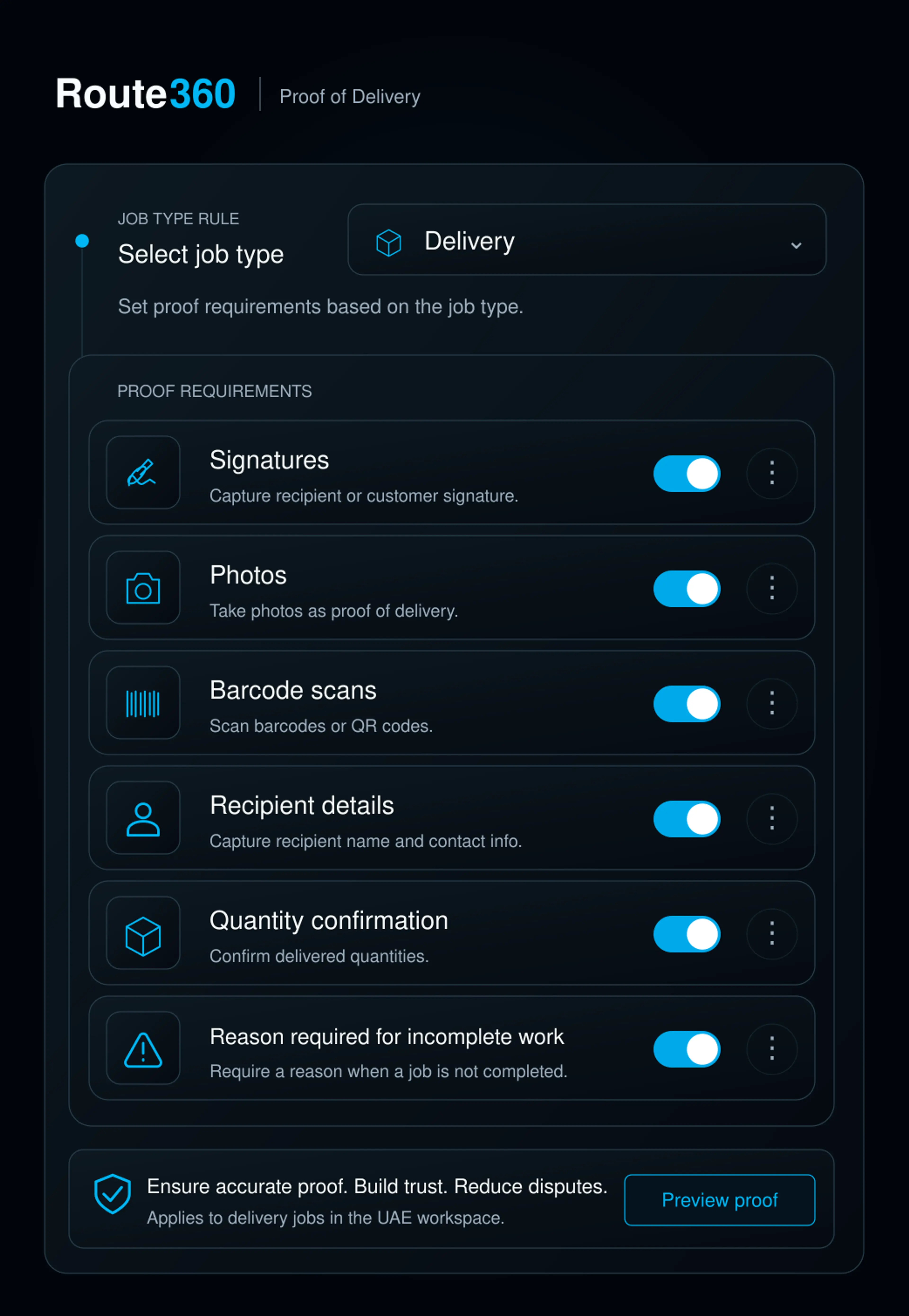 Configure proof requirements panel: six toggles and the job-type rule selector. Portrait, 9:13 crop.