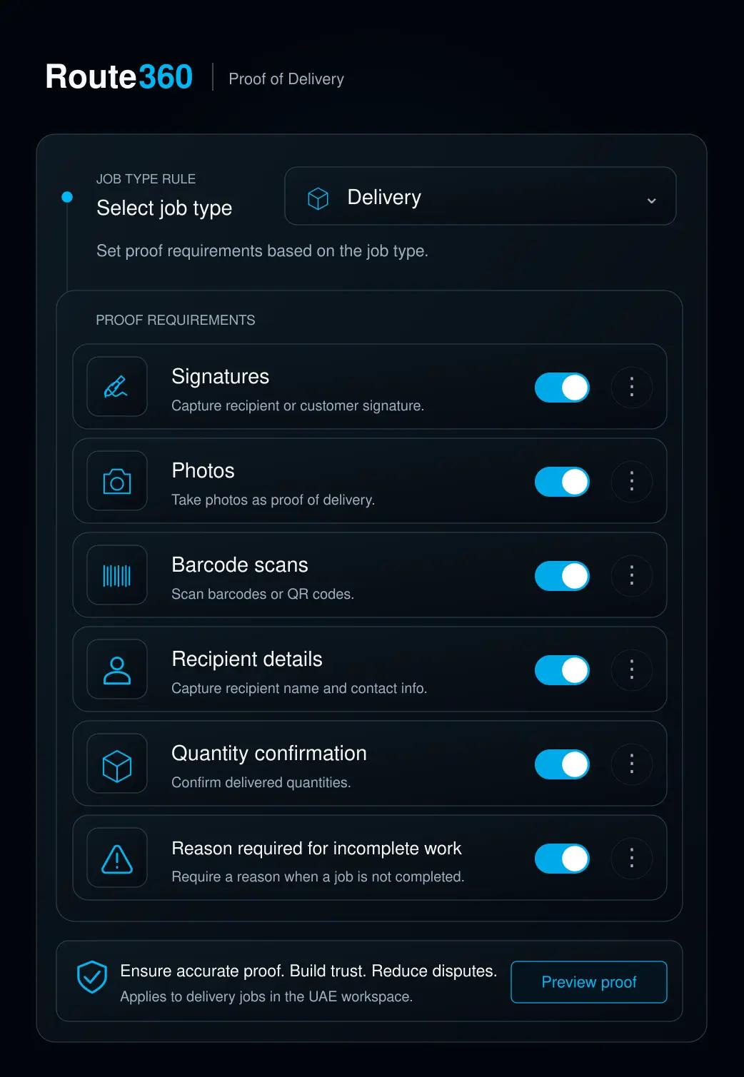 Configure proof requirements panel: six toggles and the job-type rule selector. Portrait, 9:13 crop.