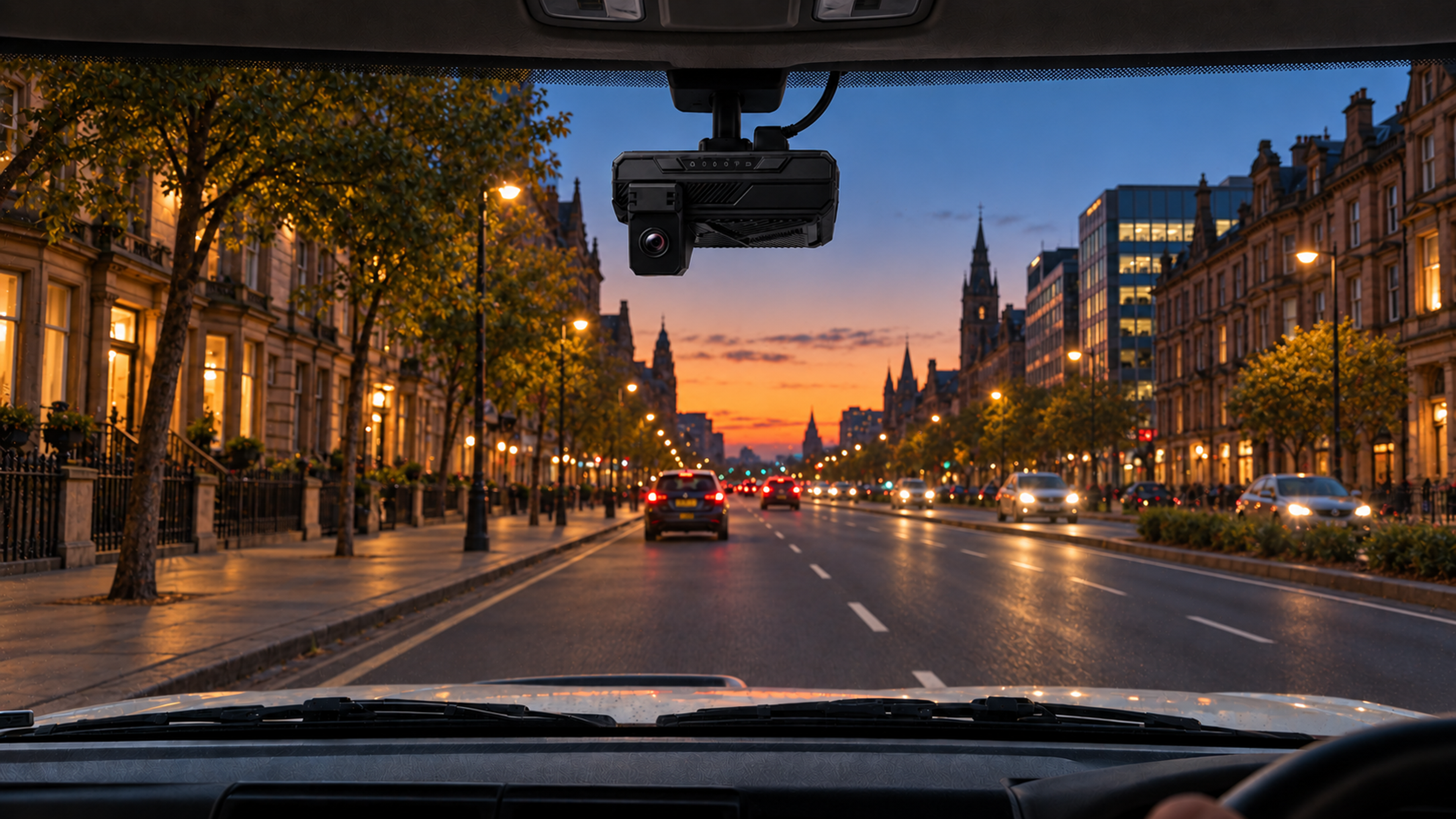 Driver-facing AI camera mounted at the top of a truck windscreen, the road ahead at dusk