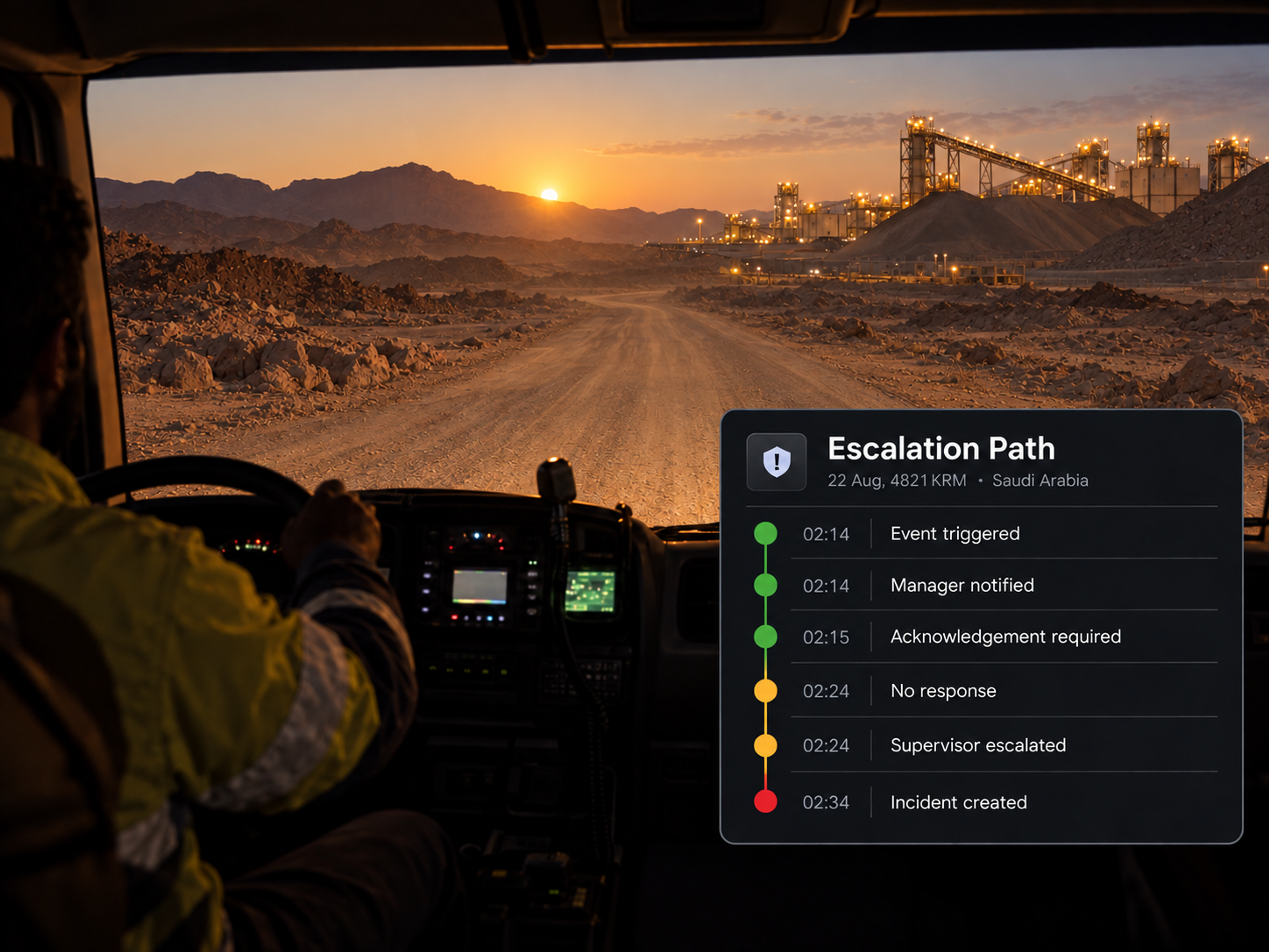 The escalation path timeline with six steps, each with its own time stamp and status colour. 4:3, dark UI.