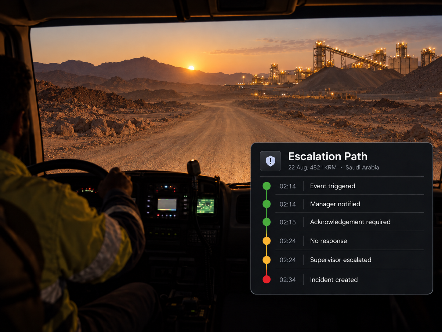 The escalation path timeline with six steps, each with its own time stamp and status colour. 4:3, dark UI.
